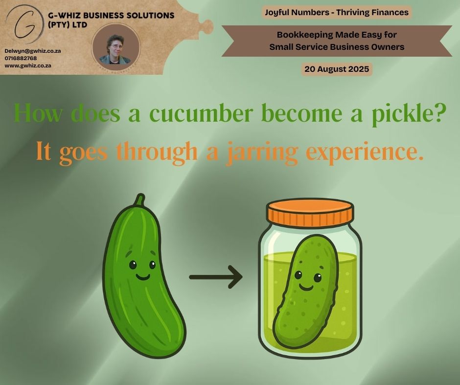🥒 𝑯𝒐𝒘 𝒅𝒐𝒆𝒔 𝒂 𝒄𝒖𝒄𝒖𝒎𝒃𝒆𝒓 𝒃𝒆𝒄𝒐𝒎𝒆 𝒂 𝒑𝒊𝒄𝒌𝒍𝒆? 𝑰𝒕 𝒈𝒐𝒆𝒔 𝒕𝒉𝒓𝒐𝒖𝒈𝒉 𝒂 𝒋𝒂𝒓𝒓𝒊𝒏𝒈 𝒆𝒙𝒑𝒆𝒓𝒊𝒆𝒏𝒄𝒆.🫙 Running a small business can feel the same way—unexpected changes, confusing accounts, and financial pressure can leave you feeling stuck in the jar. That’s where I step in. I take the hassle out of your bookkeeping and set you up with a simple system that actually works for your business ✅. As part of my service, I offer a 𝐟𝐫𝐞𝐞 𝐐𝐮𝐢𝐜𝐤𝐁𝐨𝐨𝐤𝐬 𝐎𝐧𝐥𝐢𝐧𝐞 𝐬𝐞𝐭𝐮𝐩 𝐰𝐢𝐭𝐡 𝐚 𝐭𝐰𝐨-𝐦𝐨𝐧𝐭𝐡 𝐭𝐫𝐚𝐧𝐬𝐚𝐜𝐭𝐢𝐨𝐧 𝐡𝐢𝐬𝐭𝐨𝐫𝐲—giving you a clean start and clarity on your numbers. 𝐖𝐡𝐲 𝐆-𝐖𝐡𝐢𝐳 𝐁𝐮𝐬𝐢𝐧𝐞𝐬𝐬 𝐒𝐨𝐥𝐮𝐭𝐢𝐨𝐧𝐬? 🟡I help you move from stress to confidence with audit-ready accounts. 🟡You get personal, one-on-one support tailored to your business needs. 📌 𝐃𝐚𝐢𝐥𝐲 𝐓𝐢𝐩 𝐟𝐨𝐫 𝐒𝐦𝐚𝐥𝐥 𝐁𝐮𝐬𝐢𝐧𝐞𝐬𝐬 𝐎𝐰𝐧𝐞𝐫𝐬: Reconciling your bank account at least once a month helps you catch errors, missed expenses, or duplicate charges before they snowball into big problems. Regular reconciliations = smoother cash flow 🚀. So, are you ready to turn your “jarring experiences” into thriving finances? 👉 𝐋𝐞𝐚𝐯𝐞 𝐚 𝐜𝐨𝐦𝐦𝐞𝐧𝐭 𝐨𝐫 𝐛𝐨𝐨𝐤 𝐚 𝐩𝐡𝐨𝐧𝐞 𝐜𝐚𝐥𝐥 (https://calendly.com/delwyn-gwhiz/15-min-phone-call) 𝐨𝐫 𝐚 𝐙𝐨𝐨𝐦 𝐦𝐞𝐞𝐭𝐢𝐧𝐠 (https://calendly.com/delwyn-gwhiz/30min). Kind regards, 𝒟𝓮𝓁𝓌𝓎𝓃 QuickBooks Pro Advisor G-Whiz Business Solutions (Pty) Ltd. 🌐www.gwhiz.co.za 📆https://calendly.com/delwyn-gwhiz ᴊᴏyꜰᴜʟ ɴᴜᴍʙᴇʀꜱ – ᴛʜʀɪvɪɴɢ ꜰɪɴᴀɴcᴇꜱ” #BookkeepingMadeSimple #SmallBusinessSA #BusinessGrowth #FinancialFreedom #QuickBooksSetup #StressFreeFinances #AuditReady #EmergingBusiness #SmartBookkeeping #GWhizSolutions