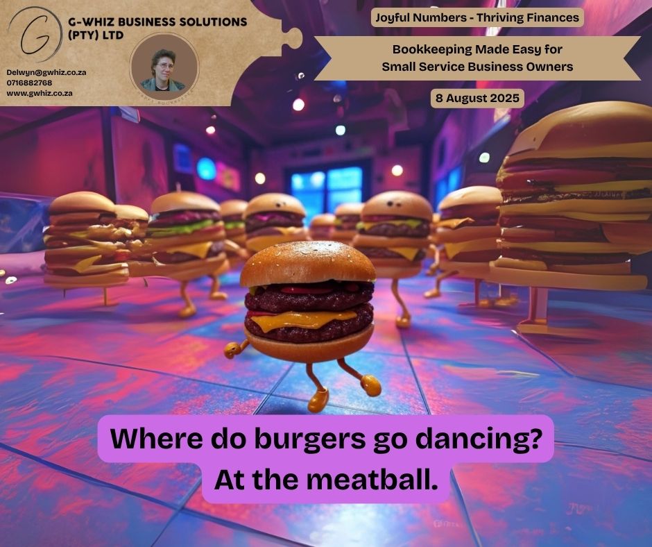 🍔🪩🕺💃𝑾𝒉𝒆𝒓𝒆 𝒅𝒐 𝒃𝒖𝒓𝒈𝒆𝒓𝒔 𝒈𝒐 𝒅𝒂𝒏𝒄𝒊𝒏𝒈? 𝑨𝒕 𝒕𝒉𝒆 𝒎𝒆𝒂𝒕𝒃𝒂𝒍𝒍. Those burgers sure know how to move at the meatball, and I’m here to help your small service business find its own rhythm with stress-free bookkeeping. Curious about a system that simplifies your finances and lets you focus on what you love? At 𝐆-𝐖𝐡𝐢𝐳 𝐁𝐮𝐬𝐢𝐧𝐞𝐬𝐬 𝐒𝐨𝐥𝐮𝐭𝐢𝐨𝐧𝐬, I provide tailored accounting support and set up 𝐐𝐮𝐢𝐜𝐤𝐁𝐨𝐨𝐤𝐬 𝐎𝐧𝐥𝐢𝐧𝐞 for free, including two months of transaction history, so your numbers are ready to roll from day one. 𝑭𝒖𝒏 𝑭𝒂𝒄𝒕: Did you know that using QuickBooks can help you automate bank reconciliations, saving up to 10 hours a month for small business owners? 𝑹𝒆𝒂𝒅𝒚 𝒕𝒐 𝒘𝒂𝒍𝒕𝒛 𝒕𝒉𝒓𝒐𝒖𝒈𝒉 𝒚𝒐𝒖𝒓 𝒇𝒊𝒏𝒂𝒏𝒄𝒆𝒔 𝒘𝒊𝒕𝒉 𝒆𝒂𝒔𝒆? Leave a comment or book a phone call (https://calendly.com/delwyn-gwhiz/15-min-phone-call) or a Zoom meeting (https://calendly.com/delwyn-gwhiz/30min). Kind regards, 𝒟𝓮𝓁𝓌𝓎𝓃 QuickBooks Pro Advisor G-Whiz Business Solutions (Pty) Ltd. 🌐www.gwhiz.co.za 📆https://calendly.com/delwyn-gwhiz ᴊᴏyꜰᴜʟ ɴᴜᴍʙᴇʀꜱ – ᴛʜʀɪvɪɴɢ ꜰɪɴᴀɴcᴇꜱ #SmallBusiness #Bookkeeping #QuickBooks #SouthAfricaBusiness #Entrepreneur #Accounting #BusinessGrowth #FinancialFreedom #SmallBusinessOwner #GWhiz