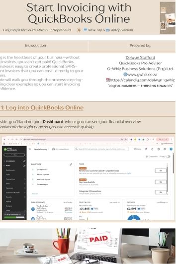 How to Create Invoices in QuickBooks Online (Desktop & Laptop Versions).” This step-by-step guide is designed for small business owners who want to: ✔️ Create professional, compliant invoices with ease ✔️ Save time with QuickBooks’ built-in features ✔️ Stay aligned with SARS requirements and their own company T&Cs I’ve even added a touch of humour along the way—because bookkeeping doesn’t have to be boring! 📖 Each e-book is available for just R80. 💌 To order, complete the form (link in comments), and once payment is received, your copy will be emailed directly to you. It was a pleasure putting this together, and I hope it makes invoicing simpler and stress-free for you. G-Whiz Business Solutions (Pty) Ltd. 🌐www.gwhiz.co.za 📆https://calendly.com/delwyn-gwhiz “ᴊᴏyꜰᴜʟ ɴᴜᴍʙᴇʀꜱ – ᴛʜʀɪvɪɴɢ ꜰɪɴᴀɴcᴇꜱ”