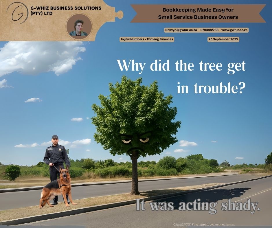 🌳 𝑾𝒉𝒚 𝒅𝒊𝒅 𝒕𝒉𝒆 𝒕𝒓𝒆𝒆 𝒈𝒆𝒕 𝒊𝒏 𝒕𝒓𝒐𝒖𝒃𝒍𝒆? 𝑰𝒕 𝒘𝒂𝒔 𝒂𝒄𝒕𝒊𝒏𝒈 𝒔𝒉𝒂𝒅𝒚. 😎 When your bookkeeping feels “shady,” it’s not funny. Missed invoices, messy reports, or neglected CIPC requirements can put your business at risk. But it doesn’t have to be that way. ✨ 𝐖𝐢𝐭𝐡 𝐆-𝐖𝐡𝐢𝐳 𝐁𝐮𝐬𝐢𝐧𝐞𝐬𝐬 𝐒𝐨𝐥𝐮𝐭𝐢𝐨𝐧𝐬, 𝐲𝐨𝐮’𝐥𝐥 𝐞𝐧𝐣𝐨𝐲: 1️⃣ Audit-ready accounts within 3 months 2️⃣ Real-time clarity to guide decisions 3️⃣ Stress-free compliance for PAYE, UIF & CIPC 💬 𝐌𝐚𝐠𝐢𝐜 𝐐𝐮𝐞𝐬𝐭𝐢𝐨𝐧: If I could take the hassle out of your everyday bookkeeping and set you up with a simple system that actually works for your business—would you be interested? 📌 𝐃𝐚𝐢𝐥𝐲 𝐓𝐢𝐩: QuickBooks allows you to link your bank account directly—automatically importing transactions daily. This cuts out hours of manual data entry and ensures nothing slips through the cracks. 𝑫𝒐𝒏’𝒕 𝒍𝒆𝒕 𝒔𝒉𝒂𝒅𝒚 𝒏𝒖𝒎𝒃𝒆𝒓𝒔 𝒉𝒊𝒅𝒆 𝒊𝒏 𝒚𝒐𝒖𝒓 𝒃𝒐𝒐𝒌𝒔. 𝑺𝒕𝒆𝒑 𝒊𝒏𝒕𝒐 𝒕𝒉𝒆 𝒔𝒖𝒏𝒍𝒊𝒈𝒉𝒕 𝒘𝒊𝒕𝒉 𝒃𝒐𝒐𝒌𝒌𝒆𝒆𝒑𝒊𝒏𝒈 𝒚𝒐𝒖 𝒄𝒂𝒏 𝒕𝒓𝒖𝒔𝒕 🌞. 𝐋𝐞𝐚𝐯𝐞 𝐚 𝐜𝐨𝐦𝐦𝐞𝐧𝐭 𝐨𝐫 𝐛𝐨𝐨𝐤 𝐚 𝐩𝐡𝐨𝐧𝐞 𝐜𝐚𝐥𝐥 (https://calendly.com/delwyn-gwhiz/15-min-phone-call) 𝐨𝐫 𝐚 𝐙𝐨𝐨𝐦 𝐦𝐞𝐞𝐭𝐢𝐧𝐠 (https://calendly.com/delwyn-gwhiz/30min). Kind regards, 𝒟𝓮𝓁𝓌𝓎𝓃 QuickBooks Pro Advisor G-Whiz Business Solutions (Pty) Ltd. 🌐www.gwhiz.co.za 📆https://calendly.com/delwyn-gwhiz ᴊᴏyꜰᴜʟ ɴᴜᴍʙᴇʀꜱ – ᴛʜʀɪvɪɴɢ ꜰɪɴᴀɴcᴇꜱ #SmallBusinessSA #QuickBooksTips #AuditReady #StressFreeFinances #BookkeepingSimplified #SouthAfricaBusiness #CashFlowControl #FinancialConfidence #GWhizSolutions #ThrivingBusinesses