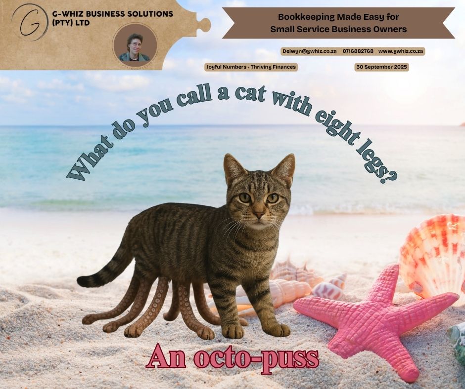 😸 𝑾𝒉𝒂𝒕 𝒅𝒐 𝒚𝒐𝒖 𝒄𝒂𝒍𝒍 𝒂 𝒄𝒂𝒕 𝒘𝒊𝒕𝒉 𝒆𝒊𝒈𝒉𝒕 𝒍𝒆𝒈𝒔? 𝑨𝒏 𝒐𝒄𝒕𝒐-𝒑𝒖𝒔𝒔. 🐙 When bookkeeping gets messy, it can feel like you need eight arms just to juggle everything — invoices, CIPC deadlines, supplier payments, and bank reconciliations. The truth is, no small service business owner should have to stretch themselves in every direction just to keep the numbers straight. That’s where I come in. My role is to take the overwhelm off your plate and give you a system that makes sense — so your books feel less like a tangled octo-puss and more like a calm, well-purring cat. ✨ 𝘐𝘧 𝘐 𝘤𝘰𝘶𝘭𝘥 𝘵𝘢𝘬𝘦 𝘵𝘩𝘦 𝘩𝘢𝘴𝘴𝘭𝘦 𝘰𝘶𝘵 𝘰𝘧 𝘺𝘰𝘶𝘳 𝘦𝘷𝘦𝘳𝘺𝘥𝘢𝘺 𝘣𝘰𝘰𝘬𝘬𝘦𝘦𝘱𝘪𝘯𝘨 𝘢𝘯𝘥 𝘴𝘦𝘵 𝘺𝘰𝘶 𝘶𝘱 𝘸𝘪𝘵𝘩 𝘢 𝘴𝘪𝘮𝘱𝘭𝘦 𝘴𝘺𝘴𝘵𝘦𝘮 𝘵𝘩𝘢𝘵 𝘢𝘤𝘵𝘶𝘢𝘭𝘭𝘺 𝘸𝘰𝘳𝘬𝘴 𝘧𝘰𝘳 𝘺𝘰𝘶𝘳 𝘣𝘶𝘴𝘪𝘯𝘦𝘴𝘴—𝘸𝘰𝘶𝘭𝘥 𝘺𝘰𝘶 𝘣𝘦 𝘪𝘯𝘵𝘦𝘳𝘦𝘴𝘵𝘦𝘥? Here’s what working with 𝐆-𝐖𝐡𝐢𝐳 𝐁𝐮𝐬𝐢𝐧𝐞𝐬𝐬 𝐒𝐨𝐥𝐮𝐭𝐢𝐨𝐧𝐬 means for you: ✅ Audit-ready accounts within three months ✅ No more CIPC or compliance panic ✅ More time to focus on growing your business, not chasing paperwork 💡 𝐃𝐚𝐢𝐥𝐲 𝐓𝐢𝐩: Did you know you can set custom reminders in QuickBooks to nudge you about recurring supplier invoices? It’s like giving your books their own extra set of paws to stay on top of payments. 𝑰𝒇 𝒚𝒐𝒖𝒓 𝒃𝒐𝒐𝒌𝒌𝒆𝒆𝒑𝒊𝒏𝒈 𝒇𝒆𝒆𝒍𝒔 𝒍𝒊𝒌𝒆 𝒊𝒕 𝒉𝒂𝒔 𝒕𝒐𝒐 𝒎𝒂𝒏𝒚 𝒍𝒆𝒈𝒔 𝒈𝒐𝒊𝒏𝒈 𝒊𝒏 𝒅𝒊𝒇𝒇𝒆𝒓𝒆𝒏𝒕 𝒅𝒊𝒓𝒆𝒄𝒕𝒊𝒐𝒏𝒔, 𝒍𝒆𝒕’𝒔 𝒓𝒆𝒊𝒏 𝒊𝒕 𝒊𝒏 𝒕𝒐𝒈𝒆𝒕𝒉𝒆𝒓 — 𝒏𝒐 𝒕𝒆𝒏𝒕𝒂𝒄𝒍𝒆𝒔 𝒓𝒆𝒒𝒖𝒊𝒓𝒆𝒅. 🐙🐱 𝐋𝐞𝐚𝐯𝐞 𝐚 𝐜𝐨𝐦𝐦𝐞𝐧𝐭 𝐨𝐫 𝐛𝐨𝐨𝐤 𝐚 𝐩𝐡𝐨𝐧𝐞 𝐜𝐚𝐥𝐥 (https://calendly.com/delwyn-gwhiz/15-min-phone-call) 𝐨𝐫 𝐚 𝐙𝐨𝐨𝐦 𝐦𝐞𝐞𝐭𝐢𝐧𝐠 (https://calendly.com/delwyn-gwhiz/30min). Kind regards, 𝒟𝓮𝓁𝓌𝓎𝓃 QuickBooks Pro Advisor G-Whiz Business Solutions (Pty) Ltd. 🌐www.gwhiz.co.za 📆[https://calendly.com/delwyn-gwhiz](https://calendly.com/delwyn-gwhiz) ᴊᴏyꜰᴜʟ ɴᴜᴍʙᴇʀꜱ – ᴛʜʀɪvɪɴɢ ꜰɪɴᴀɴcᴇꜱ #BookkeepingMadeSimple #QuickBooksProAdvisor #SouthAfricaBusiness #SmallBusinessGrowth #CIPC #CashFlowManagement #AuditReady #BusinessFinances #EntrepreneurLife #GWhizSolutions