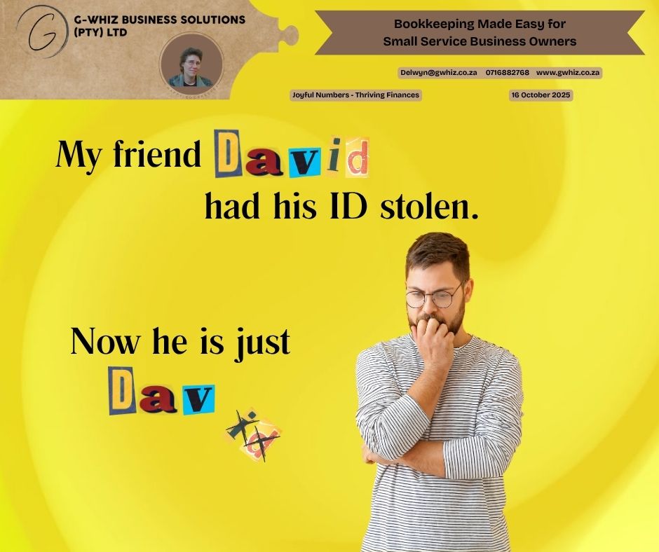 👨𝑴𝒚 𝒇𝒓𝒊𝒆𝒏𝒅 𝑫𝒂𝒗𝒊𝒅 𝒉𝒂𝒅 𝒉𝒊𝒔 𝑰𝑫 𝒔𝒕𝒐𝒍𝒆𝒏. 𝑵𝒐𝒘 𝒉𝒆 𝒊𝒔 𝒋𝒖𝒔𝒕 𝑫𝒂𝒗.💳 Losing part of your identity isn’t fun — and the same goes for your business books. When invoices go missing, payments don’t get tracked, or your reports don’t add up, your financial “ID” starts to disappear too. 𝘐𝘧 𝘐 𝘤𝘰𝘶𝘭𝘥 𝘵𝘢𝘬𝘦 𝘵𝘩𝘦 𝘩𝘢𝘴𝘴𝘭𝘦 𝘰𝘶𝘵 𝘰𝘧 𝘺𝘰𝘶𝘳 𝘦𝘷𝘦𝘳𝘺𝘥𝘢𝘺 𝘣𝘰𝘰𝘬𝘬𝘦𝘦𝘱𝘪𝘯𝘨 𝘢𝘯𝘥 𝘴𝘦𝘵 𝘺𝘰𝘶 𝘶𝘱 𝘸𝘪𝘵𝘩 𝘢 𝘴𝘪𝘮𝘱𝘭𝘦 𝘴𝘺𝘴𝘵𝘦𝘮 𝘵𝘩𝘢𝘵 𝘢𝘤𝘵𝘶𝘢𝘭𝘭𝘺 𝘸𝘰𝘳𝘬𝘴 𝘧𝘰𝘳 𝘺𝘰𝘶𝘳 𝘣𝘶𝘴𝘪𝘯𝘦𝘴𝘴—𝘸𝘰𝘶𝘭𝘥 𝘺𝘰𝘶 𝘣𝘦 𝘪𝘯𝘵𝘦𝘳𝘦𝘴𝘵𝘦𝘥? With 𝐆-𝐖𝐡𝐢𝐳 𝐁𝐮𝐬𝐢𝐧𝐞𝐬𝐬 𝐒𝐨𝐥𝐮𝐭𝐢𝐨𝐧𝐬, you’ll enjoy: 🌿 𝐀𝐮𝐝𝐢𝐭-𝐫𝐞𝐚𝐝𝐲 𝐚𝐜𝐜𝐨𝐮𝐧𝐭𝐬 𝐢𝐧 𝐭𝐡𝐫𝐞𝐞 𝐦𝐨𝐧𝐭𝐡𝐬 – so compliance season never catches you off guard. 💡 𝐑𝐞𝐚𝐥-𝐭𝐢𝐦𝐞 𝐟𝐢𝐧𝐚𝐧𝐜𝐢𝐚𝐥 𝐯𝐢𝐬𝐢𝐛𝐢𝐥𝐢𝐭𝐲 – because every business decision should be backed by facts, not guesswork. 🧾 𝐀 𝐐𝐮𝐢𝐜𝐤𝐁𝐨𝐨𝐤𝐬 𝐎𝐧𝐥𝐢𝐧𝐞 𝐬𝐞𝐭𝐮𝐩 𝐭𝐚𝐢𝐥𝐨𝐫𝐞𝐝 𝐭𝐨 𝐲𝐨𝐮𝐫 𝐰𝐨𝐫𝐤𝐟𝐥𝐨𝐰 – designed to make managing money feel simple again. 💡𝐃𝐚𝐢𝐥𝐲 𝐓𝐢𝐩: Did you know QuickBooks Online lets you attach supplier invoices directly to each transaction? No more hunting through folders or emails when it’s time to reconcile — everything stays neat, tidy, and traceable. 𝑺𝒐 𝒅𝒐𝒏’𝒕 𝒍𝒐𝒔𝒆 𝒚𝒐𝒖𝒓 𝒇𝒊𝒏𝒂𝒏𝒄𝒊𝒂𝒍 “𝑰𝑫” 𝒍𝒊𝒌𝒆 𝑫𝒂𝒗 — 𝒍𝒆𝒕’𝒔 𝒎𝒂𝒌𝒆 𝒔𝒖𝒓𝒆 𝒚𝒐𝒖𝒓 𝒃𝒖𝒔𝒊𝒏𝒆𝒔𝒔 𝒔𝒕𝒂𝒚𝒔 𝒄𝒐𝒎𝒑𝒍𝒆𝒕𝒆, 𝒄𝒐𝒏𝒇𝒊𝒅𝒆𝒏𝒕, 𝒂𝒏𝒅 𝒄𝒐𝒎𝒑𝒍𝒊𝒂𝒏𝒕! 𝐋𝐞𝐚𝐯𝐞 𝐚 𝐜𝐨𝐦𝐦𝐞𝐧𝐭 𝐨𝐫 𝐛𝐨𝐨𝐤 𝐚 𝐩𝐡𝐨𝐧𝐞 𝐜𝐚𝐥𝐥 (https://calendly.com/delwyn-gwhiz/15-min-phone-call) 𝐨𝐫 𝐚 𝐙𝐨𝐨𝐦 𝐦𝐞𝐞𝐭𝐢𝐧𝐠 (https://calendly.com/delwyn-gwhiz/30min). Kind regards, 𝒟𝓮𝓁𝓌𝓎𝓃 QuickBooks Pro Advisor G-Whiz Business Solutions (Pty) Ltd. 🌐www.gwhiz.co.za 📆(https://calendly.com/delwyn-gwhiz) ᴊᴏyꜰᴜʟ ɴᴜᴍʙᴇʀꜱ – ᴛʜʀɪvɪɴɢ ꜰɪɴᴀɴcᴇꜱ #BookkeepingMadeEasy #QuickBooksOnline #SmallBusinessSA #FinancialClarity #AuditReady #SouthAfricanSME #BusinessTipsSA #GWhizBusinessSolutions #WomenInBusiness #DavWouldAgree