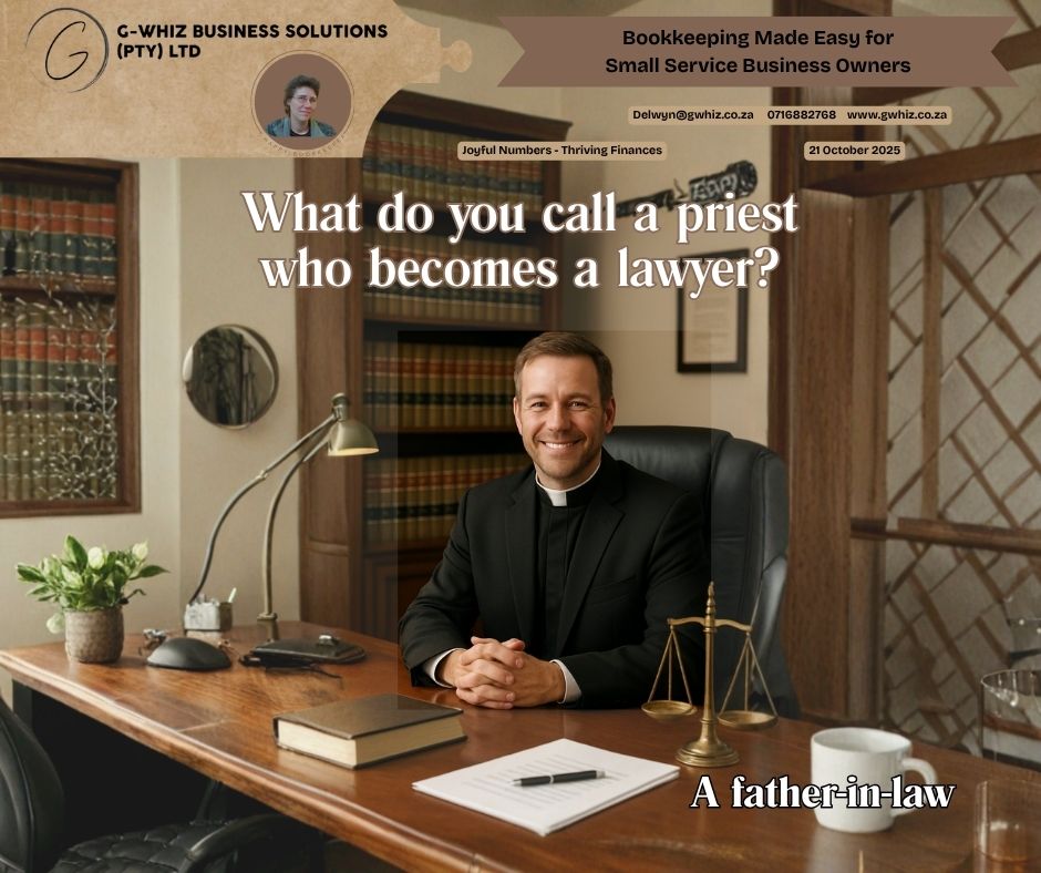 ⛪𝐖𝐡𝐚𝐭 𝐝𝐨 𝐲𝐨𝐮 𝐜𝐚𝐥𝐥 𝐚 𝐩𝐫𝐢𝐞𝐬𝐭 𝐰𝐡𝐨 𝐛𝐞𝐜𝐨𝐦𝐞𝐬 𝐚 𝐥𝐚𝐰𝐲𝐞𝐫? ⚖️ 𝐀 𝐟𝐚𝐭𝐡𝐞𝐫-𝐢𝐧-𝐥𝐚𝐰. Sometimes business owners wear more hats than they planned — marketer, manager, debt collector, and bookkeeper all in one! But just like our “father-in-law,” juggling two professions, doing everything yourself can lead to burnout (and messy books). You deserve a system that does the heavy lifting for you. 𝘐𝘧 𝘐 𝘤𝘰𝘶𝘭𝘥 𝘵𝘢𝘬𝘦 𝘵𝘩𝘦 𝘩𝘢𝘴𝘴𝘭𝘦 𝘰𝘶𝘵 𝘰𝘧 𝘺𝘰𝘶𝘳 𝘦𝘷𝘦𝘳𝘺𝘥𝘢𝘺 𝘣𝘰𝘰𝘬𝘬𝘦𝘦𝘱𝘪𝘯𝘨 𝘢𝘯𝘥 𝘴𝘦𝘵 𝘺𝘰𝘶 𝘶𝘱 𝘸𝘪𝘵𝘩 𝘢 𝘴𝘪𝘮𝘱𝘭𝘦 𝘴𝘺𝘴𝘵𝘦𝘮 𝘵𝘩𝘢𝘵 𝘢𝘤𝘵𝘶𝘢𝘭𝘭𝘺 𝘸𝘰𝘳𝘬𝘴 𝘧𝘰𝘳 𝘺𝘰𝘶𝘳 𝘣𝘶𝘴𝘪𝘯𝘦𝘴𝘴—𝘸𝘰𝘶𝘭𝘥 𝘺𝘰𝘶 𝘣𝘦 𝘪𝘯𝘵𝘦𝘳𝘦𝘴𝘵𝘦𝘥? With 𝐆-𝐖𝐡𝐢𝐳 𝐁𝐮𝐬𝐢𝐧𝐞𝐬𝐬 𝐒𝐨𝐥𝐮𝐭𝐢𝐨𝐧𝐬, you’ll enjoy: 🌿 Audit-ready accounts in just three months — so you can approach compliance season with confidence. 💡 Accurate, real-time insights that show exactly where your business stands financially. 🧾 A QuickBooks Online setup designed around how you work — not the other way around. 𝐃𝐚𝐢𝐥𝐲 𝐓𝐢𝐩: Keep your business and personal expenses separate — even if you’re a sole proprietor. It makes tax season smoother and keeps your financial picture crystal clear! If you’re tired of playing both priest and lawyer in your business, let’s get your books sorted so you can focus on your true calling. 🙌📘 𝐋𝐞𝐚𝐯𝐞 𝐚 𝐜𝐨𝐦𝐦𝐞𝐧𝐭 𝐨𝐫 𝐛𝐨𝐨𝐤 𝐚 𝐩𝐡𝐨𝐧𝐞 𝐜𝐚𝐥𝐥 (https://calendly.com/delwyn-gwhiz/15-min-phone-call) 𝐨𝐫 𝐚 𝐙𝐨𝐨𝐦 𝐦𝐞𝐞𝐭𝐢𝐧𝐠 (https://calendly.com/delwyn-gwhiz/30min). Kind regards, 𝒟𝓮𝓁𝓌𝓎𝓃 QuickBooks Pro Advisor G-Whiz Business Solutions (Pty) Ltd. 🌐www.gwhiz.co.za 📆https://calendly.com/delwyn-gwhiz ᴊᴏyꜰᴜʟ ɴᴜᴍʙᴇʀꜱ – ᴛʜʀɪvɪɴɢ ꜰɪɴᴀɴcᴇꜱ #BookkeepingHumor #QuickBooksOnline #SmallBusinessSA #FinancialConfidence #AuditReady #BusinessTips #SouthAfricaBusiness #EntrepreneurLife #Bookkeeper #GWhizBusinessSolutions