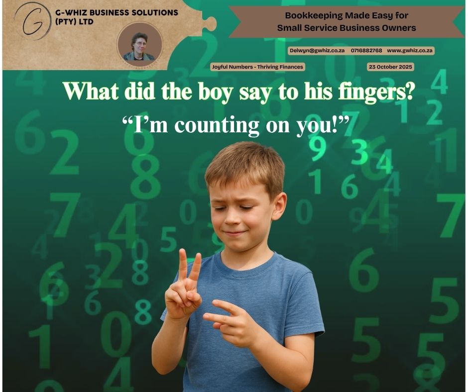 👦𝐖𝐡𝐚𝐭 𝐝𝐢𝐝 𝐭𝐡𝐞 𝐛𝐨𝐲 𝐬𝐚𝐲 𝐭𝐨 𝐡𝐢𝐬 𝐟𝐢𝐧𝐠𝐞𝐫𝐬? “𝐈’𝐦 𝐜𝐨𝐮𝐧𝐭𝐢𝐧𝐠 𝐨𝐧 𝐲𝐨𝐮!”☝✋ That’s how most small business owners feel about their finances — counting on numbers that don’t always add up! When your books are unclear or incomplete, every business decision becomes a guessing game. 𝘐𝘧 𝘐 𝘤𝘰𝘶𝘭𝘥 𝘵𝘢𝘬𝘦 𝘵𝘩𝘦 𝘩𝘢𝘴𝘴𝘭𝘦 𝘰𝘶𝘵 𝘰𝘧 𝘺𝘰𝘶𝘳 𝘦𝘷𝘦𝘳𝘺𝘥𝘢𝘺 𝘣𝘰𝘰𝘬𝘬𝘦𝘦𝘱𝘪𝘯𝘨 𝘢𝘯𝘥 𝘴𝘦𝘵 𝘺𝘰𝘶 𝘶𝘱 𝘸𝘪𝘵𝘩 𝘢 𝘴𝘪𝘮𝘱𝘭𝘦 𝘴𝘺𝘴𝘵𝘦𝘮 𝘵𝘩𝘢𝘵 𝘢𝘤𝘵𝘶𝘢𝘭𝘭𝘺 𝘸𝘰𝘳𝘬𝘴 𝘧𝘰𝘳 𝘺𝘰𝘶𝘳 𝘣𝘶𝘴𝘪𝘯𝘦𝘴𝘴—𝘸𝘰𝘶𝘭𝘥 𝘺𝘰𝘶 𝘣𝘦 𝘪𝘯𝘵𝘦𝘳𝘦𝘴𝘵𝘦𝘥? With 𝐆-𝐖𝐡𝐢𝐳 𝐁𝐮𝐬𝐢𝐧𝐞𝐬𝐬 𝐒𝐨𝐥𝐮𝐭𝐢𝐨𝐧s, you’ll get: ✅ Accurate, audit-ready accounts that reflect your real financial position. ✅ Seamless QuickBooks Online setup tailored to your business needs. ✅ Confidence in your numbers, so you can make decisions that move your business forward. 𝐃𝐢𝐝 𝐲𝐨𝐮 𝐤𝐧𝐨𝐰 QuickBooks Online lets you track income by service type? This helps you see which areas of your business are most profitable — and which might need a rethink. So, if you’re counting on your business to succeed... make sure your numbers are something you can count on! 😉 𝐋𝐞𝐚𝐯𝐞 𝐚 𝐜𝐨𝐦𝐦𝐞𝐧𝐭 𝐨𝐫 𝐛𝐨𝐨𝐤 𝐚 𝐩𝐡𝐨𝐧𝐞 𝐜𝐚𝐥𝐥 (https://calendly.com/delwyn-gwhiz/15-min-phone-call) 𝐨𝐫 𝐚 𝐙𝐨𝐨𝐦 𝐦𝐞𝐞𝐭𝐢𝐧𝐠 https://calendly.com/delwyn-gwhiz/30min). Kind regards, 𝒟𝓮𝓁𝓌𝓎𝓃 QuickBooks Pro Advisor G-Whiz Business Solutions (Pty) Ltd. 🌐www.gwhiz.co.za 📆https://calendly.com/delwyn-gwhiz ᴊᴏyꜰᴜʟ ɴᴜᴍʙᴇʀꜱ – ᴛʜʀɪvɪɴɢ ꜰɪɴᴀɴcᴇꜱ #SmallBusinessSA #Bookkeeping #QuickBooksOnline #SouthAfricaBusiness #EntrepreneurLife #GWhizBusinessSolutions #FinancialClarity #BusinessGrowth #AccountingMadeEasy #DelwynFromGWhiz