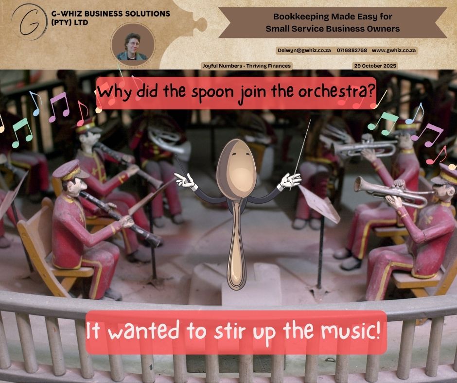 🥄 𝑾𝒉𝒚 𝒅𝒊𝒅 𝒕𝒉𝒆 𝒔𝒑𝒐𝒐𝒏 𝒋𝒐𝒊𝒏 𝒕𝒉𝒆 𝒐𝒓𝒄𝒉𝒆𝒔𝒕𝒓𝒂? 𝑰𝒕 𝒘𝒂𝒏𝒕𝒆𝒅 𝒕𝒐 𝒔𝒕𝒊𝒓 𝒖𝒑 𝒕𝒉𝒆 𝒎𝒖𝒔𝒊𝒄! 🎶 There’s something brilliant about a spoon taking the lead — it’s unexpected, but it gets the job done! 𝐓𝐡𝐚𝐭’𝐬 𝐞𝐱𝐚𝐜𝐭𝐥𝐲 𝐰𝐡𝐚𝐭 𝐠𝐫𝐞𝐚𝐭 𝐛𝐨𝐨𝐤𝐤𝐞𝐞𝐩𝐢𝐧𝐠 𝐬𝐡𝐨𝐮𝐥𝐝 𝐝𝐨 𝐟𝐨𝐫 𝐲𝐨𝐮𝐫 𝐛𝐮𝐬𝐢𝐧𝐞𝐬𝐬 — keep the rhythm flowing, make sure everyone’s in tune, and bring harmony to your finances. 𝘐𝘧 𝘐 𝘤𝘰𝘶𝘭𝘥 𝘵𝘢𝘬𝘦 𝘵𝘩𝘦 𝘩𝘢𝘴𝘴𝘭𝘦 𝘰𝘶𝘵 𝘰𝘧 𝘺𝘰𝘶𝘳 𝘦𝘷𝘦𝘳𝘺𝘥𝘢𝘺 𝘣𝘰𝘰𝘬𝘬𝘦𝘦𝘱𝘪𝘯𝘨 𝘢𝘯𝘥 𝘴𝘦𝘵 𝘺𝘰𝘶 𝘶𝘱 𝘸𝘪𝘵𝘩 𝘢 𝘴𝘪𝘮𝘱𝘭𝘦 𝘴𝘺𝘴𝘵𝘦𝘮 𝘵𝘩𝘢𝘵 𝘢𝘤𝘵𝘶𝘢𝘭𝘭𝘺 𝘸𝘰𝘳𝘬𝘴 𝘧𝘰𝘳 𝘺𝘰𝘶𝘳 𝘣𝘶𝘴𝘪𝘯𝘦𝘴𝘴—𝘸𝘰𝘶𝘭𝘥 𝘺𝘰𝘶 𝘣𝘦 𝘪𝘯𝘵𝘦𝘳𝘦𝘴𝘵𝘦𝘥? 𝐇𝐞𝐫𝐞’𝐬 𝐰𝐡𝐚𝐭 𝐲𝐨𝐮’𝐥𝐥 𝐠𝐚𝐢𝐧 𝐰𝐡𝐞𝐧 𝐲𝐨𝐮 𝐥𝐞𝐭 𝐆-𝐖𝐡𝐢𝐳 𝐁𝐮𝐬𝐢𝐧𝐞𝐬𝐬 𝐒𝐨𝐥𝐮𝐭𝐢𝐨𝐧𝐬 𝐜𝐨𝐧𝐝𝐮𝐜𝐭 𝐲𝐨𝐮𝐫 𝐛𝐨𝐨𝐤𝐬: 🎯 𝐂𝐥𝐚𝐫𝐢𝐭𝐲 – You’ll finally understand where your money’s going. ⚙️ 𝐄𝐟𝐟𝐢𝐜𝐢𝐞𝐧𝐜𝐲 – Your bookkeeping rhythm will stay smooth and consistent. 📊 𝐂𝐨𝐧𝐟𝐢𝐝𝐞𝐧𝐜𝐞 – You’ll have audit-ready numbers you can trust every month. 𝖣𝗂𝖽 𝗒𝗈𝗎 𝗄𝗇𝗈𝗐 𝖰𝗎𝗂𝖼𝗄𝖡𝗈𝗈𝗄𝗌 𝖮𝗇𝗅𝗂𝗇𝖾 𝖼𝖺𝗇 𝖺𝗎𝗍𝗈𝗆𝖺𝗍𝗂𝖼𝖺𝗅𝗅𝗒 𝖼𝖺𝗍𝖾𝗀𝗈𝗋𝗂𝗌𝖾 𝗍𝗋𝖺𝗇𝗌𝖺𝖼𝗍𝗂𝗈𝗇𝗌 𝖻𝖺𝗌𝖾𝖽 𝗈𝗇 𝗒𝗈𝗎𝗋 𝗁𝗂𝗌𝗍𝗈𝗋𝗒? 𝖮𝗇𝖼𝖾 𝗌𝖾𝗍 𝗎𝗉, 𝗂𝗍 “𝗅𝖾𝖺𝗋𝗇𝗌” 𝗒𝗈𝗎𝗋 𝗁𝖺𝖻𝗂𝗍𝗌 — 𝗌𝖺𝗏𝗂𝗇𝗀 𝗒𝗈𝗎 𝗁𝗈𝗎𝗋𝗌 𝗈𝖿 𝗆𝖺𝗇𝗎𝖺𝗅 𝖾𝗇𝗍𝗋𝗒 𝖺𝗇𝖽 𝗄𝖾𝖾𝗉𝗂𝗇𝗀 𝗒𝗈𝗎𝗋 𝖺𝖼𝖼𝗈𝗎𝗇𝗍𝗌 𝖺𝖼𝖼𝗎𝗋𝖺𝗍𝖾 𝗐𝗂𝗍𝗁 𝗅𝖾𝗌𝗌 𝖾𝖿𝖿𝗈𝗋𝗍. 𝐒𝐨, 𝐰𝐡𝐞𝐭𝐡𝐞𝐫 𝐲𝐨𝐮𝐫 𝐟𝐢𝐧𝐚𝐧𝐜𝐞𝐬 𝐟𝐞𝐞𝐥 𝐨𝐮𝐭 𝐨𝐟 𝐭𝐮𝐧𝐞 𝐨𝐫 𝐲𝐨𝐮 𝐣𝐮𝐬𝐭 𝐧𝐞𝐞𝐝 𝐬𝐨𝐦𝐞𝐨𝐧𝐞 𝐭𝐨 𝐡𝐞𝐥𝐩 𝐲𝐨𝐮 𝐤𝐞𝐞𝐩 𝐭𝐞𝐦𝐩𝐨, 𝐥𝐞𝐭’𝐬 𝐠𝐞𝐭 𝐲𝐨𝐮𝐫 𝐛𝐮𝐬𝐢𝐧𝐞𝐬𝐬 𝐛𝐚𝐜𝐤 𝐢𝐧 𝐩𝐞𝐫𝐟𝐞𝐜𝐭 𝐡𝐚𝐫𝐦𝐨𝐧𝐲. 🎵 𝐋𝐞𝐚𝐯𝐞 𝐚 𝐜𝐨𝐦𝐦𝐞𝐧𝐭 𝐨𝐫 𝐛𝐨𝐨𝐤 𝐚 𝐩𝐡𝐨𝐧𝐞 𝐜𝐚𝐥𝐥 (https://calendly.com/delwyn-gwhiz/15-min-phone-call) 𝐨𝐫 𝐚 𝐙𝐨𝐨𝐦 𝐦𝐞𝐞𝐭𝐢𝐧𝐠 (https://calendly.com/delwyn-gwhiz/30min). Kind regards, 𝒟𝓮𝓁𝓌𝓎𝓃 QuickBooks Pro Advisor G-Whiz Business Solutions (Pty) Ltd. 🌐www.gwhiz.co.za 📆https://calendly.com/delwyn-gwhiz ᴊᴏyꜰᴜʟ ɴᴜᴍʙᴇʀꜱ – ᴛʜʀɪvɪɴɢ ꜰɪɴᴀɴcᴇꜱ #BookkeepingHumour #SmallBusinessSA #QuickBooksOnline #FinancialHarmony #SouthAfricanSMEs #BookkeepingTips #BusinessGrowth #GWhizBusinessSolutions #QuickBooksProAdvisor #SmartFinances