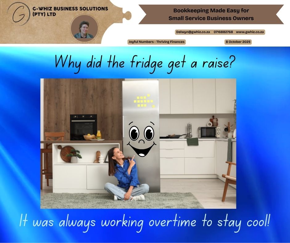 𝑾𝒉𝒚 𝒅𝒊𝒅 𝒕𝒉𝒆 𝒇𝒓𝒊𝒅𝒈𝒆 𝒈𝒆𝒕 𝒂 𝒓𝒂𝒊𝒔𝒆? 😎𝑰𝒕 𝒘𝒂𝒔 𝒂𝒍𝒘𝒂𝒚𝒔 𝒘𝒐𝒓𝒌𝒊𝒏𝒈 𝒐𝒗𝒆𝒓𝒕𝒊𝒎𝒆 𝒕𝒐 𝒔𝒕𝒂𝒚 𝒄𝒐𝒐𝒍! 🧊 Even the fridge knows what it’s like to work hard to keep things running smoothly. For small business owners, that’s often what bookkeeping feels like — constantly putting in the extra effort just to “stay cool” when the numbers heat up. 𝐈𝐟 𝐈 𝐜𝐨𝐮𝐥𝐝 𝐭𝐚𝐤𝐞 𝐭𝐡𝐞 𝐡𝐚𝐬𝐬𝐥𝐞 𝐨𝐮𝐭 𝐨𝐟 𝐲𝐨𝐮𝐫 𝐞𝐯𝐞𝐫𝐲𝐝𝐚𝐲 𝐛𝐨𝐨𝐤𝐤𝐞𝐞𝐩𝐢𝐧𝐠 𝐚𝐧𝐝 𝐬𝐞𝐭 𝐲𝐨𝐮 𝐮𝐩 𝐰𝐢𝐭𝐡 𝐚 𝐬𝐢𝐦𝐩𝐥𝐞 𝐬𝐲𝐬𝐭𝐞𝐦 𝐭𝐡𝐚𝐭 𝐚𝐜𝐭𝐮𝐚𝐥𝐥𝐲 𝐰𝐨𝐫𝐤𝐬 𝐟𝐨𝐫 𝐲𝐨𝐮𝐫 𝐛𝐮𝐬𝐢𝐧𝐞𝐬𝐬—𝐰𝐨𝐮𝐥𝐝 𝐲𝐨𝐮 𝐛𝐞 𝐢𝐧𝐭𝐞𝐫𝐞𝐬𝐭𝐞𝐝? With 𝐆-𝐖𝐡𝐢𝐳 𝐁𝐮𝐬𝐢𝐧𝐞𝐬𝐬 𝐒𝐨𝐥𝐮𝐭𝐢𝐨𝐧𝐬, you’ll enjoy: ✅ Audit-ready accounts in just three months — no more year-end chaos. ✅ Clear, accurate financial insights — empowering confident business decisions. ✅ Simplified bookkeeping in QuickBooks Online — so you can finally focus on growth, not admin. 𝐃𝐚𝐢𝐥𝐲 𝐓𝐢𝐩: Did you know you can schedule automatic bank feed updates in QuickBooks Online? That means fewer manual refreshes and more time for your business (or a well-deserved coffee break)! 𝑺𝒐, 𝒓𝒆𝒂𝒅𝒚 𝒕𝒐 𝒔𝒕𝒐𝒑 “𝒐𝒗𝒆𝒓𝒘𝒐𝒓𝒌𝒊𝒏𝒈” 𝒚𝒐𝒖𝒓 𝒃𝒐𝒐𝒌𝒔 𝒂𝒏𝒅 𝒍𝒆𝒕 𝒚𝒐𝒖𝒓 𝒇𝒊𝒏𝒂𝒏𝒄𝒆𝒔 𝒔𝒕𝒂𝒚 𝒄𝒐𝒐𝒍 𝒐𝒏 𝒂𝒖𝒕𝒐𝒑𝒊𝒍𝒐𝒕? 𝐋𝐞𝐚𝐯𝐞 𝐚 𝐜𝐨𝐦𝐦𝐞𝐧𝐭 𝐨𝐫 𝐛𝐨𝐨𝐤 𝐚 𝐩𝐡𝐨𝐧𝐞 𝐜𝐚𝐥𝐥 (https://calendly.com/delwyn-gwhiz/15-min-phone-call) 𝐨𝐫 𝐚 𝐙𝐨𝐨𝐦 𝐦𝐞𝐞𝐭𝐢𝐧𝐠 (https://calendly.com/delwyn-gwhiz/30min). Kind regards, 𝒟𝓮𝓁𝓌𝓎𝓃 QuickBooks Pro Advisor G-Whiz Business Solutions (Pty) Ltd. 🌐 www.gwhiz.co.za 📆 https://calendly.com/delwyn-gwhiz ᴊᴏyꜰᴜʟ ɴᴜᴍʙᴇʀꜱ – ᴛʜʀɪvɪɴɢ ꜰɪɴᴀɴcᴇꜱ #SmallBusinessSA #BookkeepingMadeEasy #QuickBooksOnline #SouthAfricaBusiness #FinancialManagement #BookkeepingTransformation #AuditReadyAccounts #VirtualBookkeeper #WomenInBusiness #GWhizBusinessSolutions