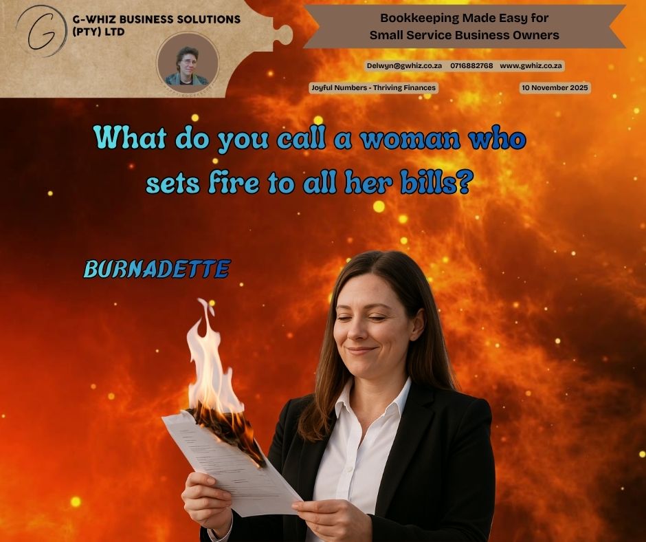 👩‍🦱𝗪𝗵𝗮𝘁 𝗱𝗼 𝘆𝗼𝘂 𝗰𝗮𝗹𝗹 𝗮 𝘄𝗼𝗺𝗮𝗻 𝘄𝗵𝗼 𝘀𝗲𝘁𝘀 𝗳𝗶𝗿𝗲 𝘁𝗼 𝗮𝗹𝗹 𝗵𝗲𝗿 𝗯𝗶𝗹𝗹𝘀? 📄𝗕𝘂𝗿𝗻𝗮𝗱𝗲𝘁𝘁𝗲. 🔥 When those monthly bills start piling up, it’s tempting to want to do a Burnadette and make them all disappear! But when you’re running a small business, ignoring your bills (or your books) can cause a bigger fire than you bargained for. 𝗧𝗵𝗮𝘁’𝘀 𝘄𝗵𝗲𝗿𝗲 𝗜 𝘀𝘁𝗲𝗽 𝗶𝗻. I help small service business owners put their finances back in order — no flames required. Here’s what you’ll gain when you work with 𝗚-𝗪𝗵𝗶𝘇 𝗕𝘂𝘀𝗶𝗻𝗲𝘀𝘀 𝗦𝗼𝗹𝘂𝘁𝗶𝗼𝗻𝘀: 🔥 𝗖𝗹𝗮𝗿𝗶𝘁𝘆 — Know exactly where your money’s going every month. 💥 𝗖𝗼𝗻𝗳𝗶𝗱𝗲𝗻𝗰𝗲 — Make informed business decisions based on accurate data. ⚡ 𝗖𝗼𝗻𝘀𝗶𝘀𝘁𝗲𝗻𝗰𝘆 — Keep your books audit-ready without the stress. 𝗗𝗮𝗶𝗹𝘆 𝗧𝗶𝗽: Did you know QuickBooks Online automatically matches your bank transactions daily? That means fewer manual entries — and no more mystery payments! 𝗦𝗼 𝗯𝗲𝗳𝗼𝗿𝗲 𝘆𝗼𝘂 𝗰𝗼𝗻𝘀𝗶𝗱𝗲𝗿 𝗹𝗶𝗴𝗵𝘁𝗶𝗻𝗴 𝘂𝗽 𝘆𝗼𝘂𝗿 𝗯𝗶𝗹𝗹𝘀, 𝗹𝗲𝘁’𝘀 𝗳𝗶𝗻𝗱 𝗮 𝘀𝗺𝗮𝗿𝘁𝗲𝗿 (𝗮𝗻𝗱 𝘀𝗮𝗳𝗲𝗿) 𝘄𝗮𝘆 𝘁𝗼 𝗺𝗮𝗸𝗲 𝘁𝗵𝗲𝗺 𝗱𝗶𝘀𝗮𝗽𝗽𝗲𝗮𝗿 𝗳𝗿𝗼𝗺 𝘆𝗼𝘂𝗿 𝗱𝗲𝘀𝗸. 𝐋𝐞𝐚𝐯𝐞 𝐚 𝐜𝐨𝐦𝐦𝐞𝐧𝐭 𝐨𝐫 𝐛𝐨𝐨𝐤 𝐚 𝐩𝐡𝐨𝐧𝐞 𝐜𝐚𝐥𝐥 (https://calendly.com/delwyn-gwhiz/15-min-phone-call) 𝐨𝐫 𝐚 𝐙𝐨𝐨𝐦 𝐦𝐞𝐞𝐭𝐢𝐧𝐠 (https://calendly.com/delwyn-gwhiz/30min). Kind regards, 𝒟𝓮𝓁𝓌𝓎𝓃 QuickBooks Pro Advisor G-Whiz Business Solutions (Pty) Ltd. 🌐 www.gwhiz.co.za 📆 https://calendly.com/delwyn-gwhiz ᴊᴏyꜰᴜʟ ɴᴜᴍʙᴇʀꜱ – ᴛʜʀɪvɪɴɢ ꜰɪɴᴀɴcᴇꜱ 𝙋𝙎: 𝘐𝘧 𝘐 𝘤𝘰𝘶𝘭𝘥 𝘵𝘢𝘬𝘦 𝘵𝘩𝘦 𝘩𝘢𝘴𝘴𝘭𝘦 𝘰𝘶𝘵 𝘰𝘧 𝘺𝘰𝘶𝘳 𝘦𝘷𝘦𝘳𝘺𝘥𝘢𝘺 𝘣𝘰𝘰𝘬𝘬𝘦𝘦𝘱𝘪𝘯𝘨 𝘢𝘯𝘥 𝘴𝘦𝘵 𝘺𝘰𝘶 𝘶𝘱 𝘸𝘪𝘵𝘩 𝘢 𝘴𝘪𝘮𝘱𝘭𝘦 𝘴𝘺𝘴𝘵𝘦𝘮 𝘵𝘩𝘢𝘵 𝘢𝘤𝘵𝘶𝘢𝘭𝘭𝘺 𝘸𝘰𝘳𝘬𝘴 𝘧𝘰𝘳 𝘺𝘰𝘶𝘳 𝘣𝘶𝘴𝘪𝘯𝘦𝘴𝘴—𝘸𝘰𝘶𝘭𝘥 𝘺𝘰𝘶 𝘣𝘦 𝘪𝘯𝘵𝘦𝘳𝘦𝘴𝘵𝘦𝘥? #SmallBusinessSA #QuickBooksOnline #BookkeepingMadeEasy #GWhizBusinessSolutions #Burnadette #FinancialClarity #WomenInBusiness #EntrepreneurLifeSA #BusinessGrowth #AuditReady