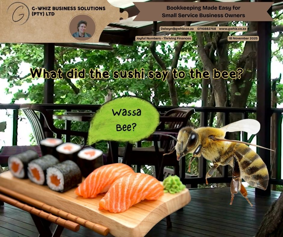 🍣𝙒𝙝𝙖𝙩 𝙙𝙞𝙙 𝙩𝙝𝙚 𝙨𝙪𝙨𝙝𝙞 𝙨𝙖𝙮 𝙩𝙤 𝙩𝙝𝙚 𝙗𝙚𝙚? 🐝𝙒𝙖𝙨𝙨𝙖 𝘽𝙚𝙚? When you’re running a small service business in South Africa, things can feel just as confusing as a bee trying to understand sushi — especially when your bookkeeping system is stitched together with spreadsheets, manual notes, and late-night catch-ups. The good news? It doesn’t have to stay that way. 𝐈𝐟 𝐈 𝐜𝐨𝐮𝐥𝐝 𝐭𝐚𝐤𝐞 𝐭𝐡𝐞 𝐡𝐚𝐬𝐬𝐥𝐞 𝐨𝐮𝐭 𝐨𝐟 𝐲𝐨𝐮𝐫 𝐞𝐯𝐞𝐫𝐲𝐝𝐚𝐲 𝐛𝐨𝐨𝐤𝐤𝐞𝐞𝐩𝐢𝐧𝐠 𝐚𝐧𝐝 𝐬𝐞𝐭 𝐲𝐨𝐮 𝐮𝐩 𝐰𝐢𝐭𝐡 𝐚 𝐬𝐢𝐦𝐩𝐥𝐞 𝐬𝐲𝐬𝐭𝐞𝐦 𝐭𝐡𝐚𝐭 𝐚𝐜𝐭𝐮𝐚𝐥𝐥𝐲 𝐰𝐨𝐫𝐤𝐬 𝐟𝐨𝐫 𝐲𝐨𝐮𝐫 𝐛𝐮𝐬𝐢𝐧𝐞𝐬𝐬—𝐰𝐨𝐮𝐥𝐝 𝐲𝐨𝐮 𝐛𝐞 𝐢𝐧𝐭𝐞𝐫𝐞𝐬𝐭𝐞𝐝? Here’s how 𝐆-𝐖𝐡𝐢𝐳 𝐁𝐮𝐬𝐢𝐧𝐞𝐬𝐬 𝐒𝐨𝐥𝐮𝐭𝐢𝐨𝐧𝐬 helps you get there: 🐝 Accurate financial data so you always know what’s happening in your business. 🐝 Clear, simple systems built in QuickBooks Online that save you time (and stress). 🐝 Support that builds your confidence, especially if you’ve never used accounting software before. 💡 Did you know you can attach supplier invoices directly to transactions in QuickBooks Online? This keeps your records audit-ready and saves you from digging through old WhatsApp messages or email threads to find missing paperwork. 𝙄𝙛 𝙮𝙤𝙪𝙧 𝙗𝙤𝙤𝙠𝙠𝙚𝙚𝙥𝙞𝙣𝙜 𝙛𝙚𝙚𝙡𝙨 𝙖 𝙗𝙞𝙩 𝙒𝙖𝙨𝙨𝙖 𝘽𝙚𝙚 𝙧𝙞𝙜𝙝𝙩 𝙣𝙤𝙬, 𝙡𝙚𝙩’𝙨 𝙩𝙪𝙧𝙣 𝙩𝙝𝙖𝙩 𝙗𝙪𝙯𝙯 𝙞𝙣𝙩𝙤 𝙤𝙧𝙜𝙖𝙣𝙞𝙨𝙚𝙙 𝙗𝙧𝙞𝙡𝙡𝙞𝙖𝙣𝙘𝙚. 😉 Kind regards, 𝒟𝓮𝓁𝓌𝓎𝓃 QuickBooks Pro Advisor G-Whiz Business Solutions (Pty) Ltd. 🌐www.gwhiz.co.za 📆https://calendly.com/delwyn-gwhiz ᴊᴏyꜰᴜʟ ɴᴜᴍʙᴇʀꜱ – ᴛʜʀɪvɪɴɢ ꜰɪɴᴀɴcᴇꜱ #bookkeepingservices #quickbooksonline #southafricanbusiness #smallbusinessowners #virtualbookkeeper #gwhizbusinesssolutions #adminhelp #taxready #financialclarity #entrepreneurtips