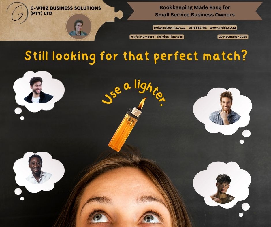 𝑺𝒕𝒊𝒍𝒍 𝒍𝒐𝒐𝒌𝒊𝒏𝒈 𝒇𝒐𝒓 𝒕𝒉𝒂𝒕 𝒑𝒆𝒓𝒇𝒆𝒄𝒕 𝒎𝒂𝒕𝒄𝒉? 👨‍🎓👨‍💼👨‍💻 𝑼𝒔𝒆 𝒂 𝒍𝒊𝒈𝒉𝒕𝒆𝒓.🔥 Finding the “right match” in business isn’t about luck — it’s about having the 𝐫𝐢𝐠𝐡𝐭 𝐬𝐲𝐬𝐭𝐞𝐦𝐬 𝐢𝐧 𝐩𝐥𝐚𝐜𝐞 so your finances don’t burn you when you least expect it. South African small service business owners are 𝐣𝐮𝐠𝐠𝐥𝐢𝐧𝐠 𝐜𝐮𝐬𝐭𝐨𝐦𝐞𝐫𝐬, 𝐬𝐮𝐩𝐩𝐥𝐢𝐞𝐫𝐬, 𝐚𝐧𝐝 𝐚𝐝𝐦𝐢𝐧, 𝐚𝐧𝐝 𝐭𝐡𝐞 𝐨𝐯𝐞𝐫𝐰𝐡𝐞𝐥𝐦 𝐬𝐡𝐨𝐰𝐬 𝐮𝐩 𝐪𝐮𝐢𝐜𝐤𝐥𝐲 𝐰𝐡𝐞𝐧 𝐛𝐨𝐨𝐤𝐤𝐞𝐞𝐩𝐢𝐧𝐠 𝐢𝐬𝐧’𝐭 𝐮𝐧𝐝𝐞𝐫 𝐜𝐨𝐧𝐭𝐫𝐨𝐥. 𝐖𝐨𝐫𝐤𝐢𝐧𝐠 𝐰𝐢𝐭𝐡 𝐆-𝐖𝐡𝐢𝐳 𝐁𝐮𝐬𝐢𝐧𝐞𝐬𝐬 𝐒𝐨𝐥𝐮𝐭𝐢𝐨𝐧𝐬 means you get clear, audit-ready financials that keep you 𝐜𝐨𝐦𝐩𝐥𝐢𝐚𝐧𝐭 𝐰𝐢𝐭𝐡𝐨𝐮𝐭 𝐚𝐧𝐲 𝐥𝐚𝐬𝐭-𝐦𝐢𝐧𝐮𝐭𝐞 𝐩𝐚𝐧𝐢𝐜. You also receive a 𝐜𝐮𝐬𝐭𝐨𝐦𝐢𝐬𝐞𝐝 𝐐𝐮𝐢𝐜𝐤𝐁𝐨𝐨𝐤𝐬 𝐎𝐧𝐥𝐢𝐧𝐞 𝐬𝐞𝐭𝐮𝐩 that’s designed specifically around how your business operates. And most importantly, you 𝐠𝐚𝐢𝐧 𝐦𝐨𝐫𝐞 𝐭𝐢𝐦𝐞 𝐚𝐧𝐝 𝐦𝐞𝐧𝐭𝐚𝐥 𝐛𝐚𝐧𝐝𝐰𝐢𝐝𝐭𝐡 to focus on serving your clients and growing your business instead of drowning in manual admin. Did you know QuickBooks Online allows you to set automatic reminders for overdue invoices? It keeps your follow-ups consistent while freeing up your time for more important tasks. 𝑹𝒆𝒂𝒅𝒚 𝒕𝒐 𝒔𝒕𝒐𝒑 𝒔𝒆𝒂𝒓𝒄𝒉𝒊𝒏𝒈 𝒇𝒐𝒓 “𝒕𝒉𝒆 𝒑𝒆𝒓𝒇𝒆𝒄𝒕 𝒎𝒂𝒕𝒄𝒉” 𝒊𝒏 𝒚𝒐𝒖𝒓 𝒇𝒊𝒏𝒂𝒏𝒄𝒆𝒔? 𝑳𝒆𝒕’𝒔 𝒔𝒑𝒂𝒓𝒌 𝒔𝒐𝒎𝒆𝒕𝒉𝒊𝒏𝒈 𝒕𝒉𝒂𝒕 𝒂𝒄𝒕𝒖𝒂𝒍𝒍𝒚 𝒘𝒐𝒓𝒌𝒔. 🔥 Kind regards, 𝒟𝓮𝓁𝓌𝓎𝓃 QuickBooks Pro Advisor G-Whiz Business Solutions (Pty) Ltd. 🌐www.gwhiz.co.za 📆 https://calendly.com/delwyn-gwhiz ᴊᴏyꜰᴜʟ ɴᴜᴍʙᴇʀꜱ – ᴛʜʀɪvɪɴɢ ꜰɪɴᴀɴcᴇꜱ #smallbusinesssa #quickbooksadvisor #bookkeepingsolutions #gwhizbusinesssolutions #entrepreneurssa #servicebusinessowners #financialconfidence #auditready #womeninbusinesssa #southafricansmb