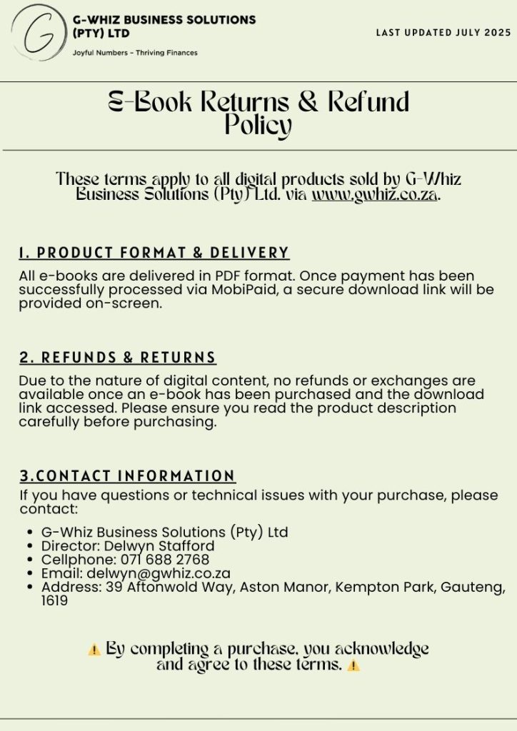 Due to the nature of digital content, no refunds or exchanges are available once an e-book has been purchased and the download link accessed. Please ensure you read the product description carefully before purchasing.