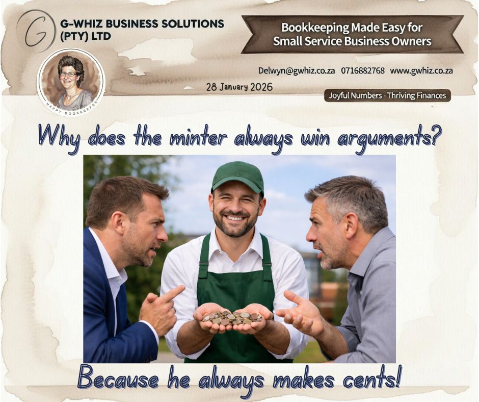 𝑾𝒉𝒚 𝒅𝒐𝒆𝒔 𝒕𝒉𝒆 𝒎𝒊𝒏𝒕𝒆𝒓 💸𝒂𝒍𝒘𝒂𝒚𝒔 𝒘𝒊𝒏 𝒂𝒓𝒈𝒖𝒎𝒆𝒏𝒕𝒔? 𝑩𝒆𝒄𝒂𝒖𝒔𝒆 𝒉𝒆 𝒎𝒂𝒌𝒆𝒔 𝒄𝒆𝒏𝒕𝒔!🪙

𝐖𝐢𝐧𝐧𝐢𝐧𝐠 𝐚𝐫𝐠𝐮𝐦𝐞𝐧𝐭𝐬 𝐢𝐬𝐧’𝐭 𝐚𝐛𝐨𝐮𝐭 𝐭𝐚𝐥𝐤𝐢𝐧𝐠 𝐥𝐨𝐮𝐝𝐞𝐫 — 𝐢𝐭’𝐬 𝐚𝐛𝐨𝐮𝐭 𝐡𝐚𝐯𝐢𝐧𝐠 𝐭𝐡𝐞 𝐧𝐮𝐦𝐛𝐞𝐫𝐬 𝐭𝐨 𝐛𝐚𝐜𝐤 𝐲𝐨𝐮 𝐮𝐩. For South African small service business owners, clarity in your finances means confident decisions, fewer surprises, and stronger control over your cash flow.

𝐼𝑓 𝐼 𝑐𝑜𝑢𝑙𝑑 𝑡𝑎𝑘𝑒 𝑡ℎ𝑒 ℎ𝑎𝑠𝑠𝑙𝑒 𝑜𝑢𝑡 𝑜𝑓 𝑦𝑜𝑢𝑟 𝑒𝑣𝑒𝑟𝑦𝑑𝑎𝑦 𝑏𝑜𝑜𝑘𝑘𝑒𝑒𝑝𝑖𝑛𝑔 𝑎𝑛𝑑 𝑠𝑒𝑡 𝑦𝑜𝑢 𝑢𝑝 𝑤𝑖𝑡ℎ 𝑎 𝑠𝑖𝑚𝑝𝑙𝑒 𝑠𝑦𝑠𝑡𝑒𝑚 𝑡ℎ𝑎𝑡 𝑎𝑐𝑡𝑢𝑎𝑙𝑙𝑦 𝑤𝑜𝑟𝑘𝑠 𝑓𝑜𝑟 𝑦𝑜𝑢𝑟 𝑏𝑢𝑠𝑖𝑛𝑒𝑠𝑠, 𝑤𝑜𝑢𝑙𝑑 𝑦𝑜𝑢 𝑏𝑒 𝑖𝑛𝑡𝑒𝑟𝑒𝑠𝑡𝑒𝑑?

Here’s how 𝐆-𝐖𝐡𝐢𝐳 𝐁𝐮𝐬𝐢𝐧𝐞𝐬𝐬 𝐒𝐨𝐥𝐮𝐭𝐢𝐨𝐧𝐬 helps your business make cents every day:
🪙 Clean, accurate bookkeeping so your numbers always tell the real story
🪙 Smart QuickBooks setup & support tailored to how you actually run your business
🪙 Time-saving systems & compliance peace of mind, so you can focus on earning, not admin

𝐃𝐚𝐢𝐥𝐲 𝐓𝐢𝐩: In QuickBooks, reconciling your bank weekly (not monthly) helps you catch errors early and keeps your cash flow reports reliable — small habit, big impact.

𝑹𝒆𝒂𝒅𝒚 𝒕𝒐 𝒔𝒕𝒐𝒑 𝒂𝒓𝒈𝒖𝒊𝒏𝒈 𝒘𝒊𝒕𝒉 𝒚𝒐𝒖𝒓 𝒇𝒊𝒏𝒂𝒏𝒄𝒆𝒔 𝒂𝒏𝒅 𝒔𝒕𝒂𝒓𝒕 𝒍𝒆𝒕𝒕𝒊𝒏𝒈 𝒕𝒉𝒆𝒎 𝒎𝒂𝒌𝒆 𝒄𝒆𝒏𝒕𝒔? 𝑫𝒓𝒐𝒑 𝒂 𝒄𝒐𝒎𝒎𝒆𝒏𝒕 𝒐𝒓 𝒃𝒐𝒐𝒌 𝒂 𝒄𝒉𝒂𝒕 — 𝒍𝒆𝒕’𝒔 𝒈𝒆𝒕 𝒚𝒐𝒖𝒓 𝒏𝒖𝒎𝒃𝒆𝒓𝒔 𝒘𝒊𝒏𝒏𝒊𝒏𝒈 𝒕𝒐𝒐! 😉

Kind regards,
𝒟𝓮𝓁𝓌𝓎𝓃
QuickBooks Pro Advisor
G-Whiz Business Solutions (Pty) Ltd.
🌐www.gwhiz.co.za
📆 https://calendly.com/delwyn-gwhiz
ᴊᴏyꜰᴜʟ ɴᴜᴍʙᴇʀꜱ – ᴛʜʀɪvɪɴɢ ꜰɪɴᴀɴcᴇꜱ

#SmallBusinessSA #BookkeepingSA #QuickBooksSA #EntrepreneurLife #BusinessTips #CashFlowMatters #ServiceBusinesses #AccountingSupport #SAEntrepreneurs #MakeItMakeCents