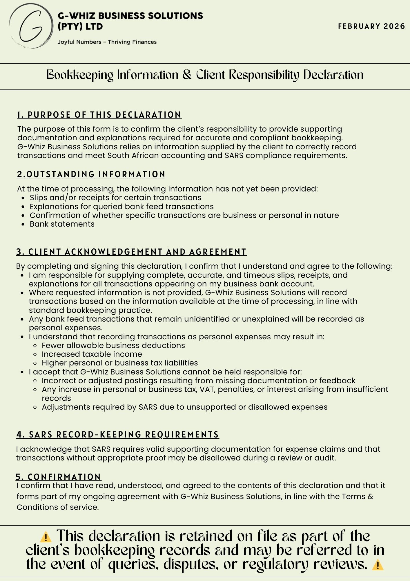 I have read and understand the Client Responsibility Declaration