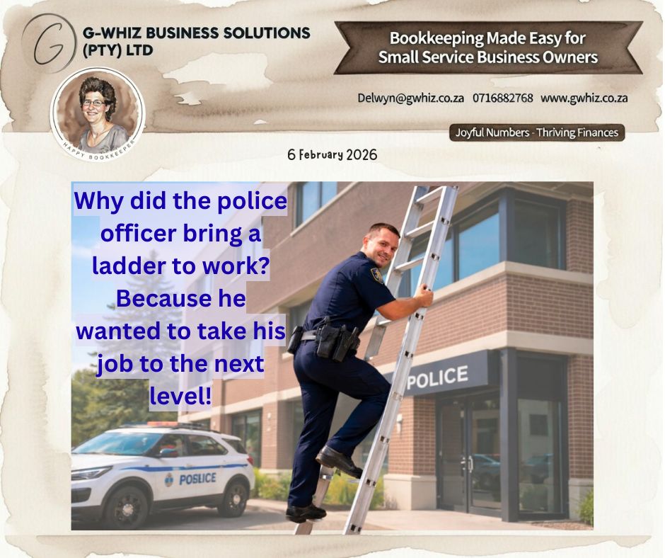 😂 𝑾𝒉𝒚 𝒅𝒊𝒅 𝒕𝒉𝒆 𝒑𝒐𝒍𝒊𝒄𝒆 𝒐𝒇𝒇𝒊𝒄𝒆𝒓 𝒃𝒓𝒊𝒏𝒈 𝒂 𝒍𝒂𝒅𝒅𝒆𝒓 𝒕𝒐 𝒘𝒐𝒓𝒌? 𝑩𝒆𝒄𝒂𝒖𝒔𝒆 𝒉𝒆 𝒘𝒂𝒏𝒕𝒆𝒅 𝒕𝒐 𝒕𝒂𝒌𝒆 𝒉𝒊𝒔 𝒋𝒐𝒃 𝒕𝒐 𝒕𝒉𝒆 𝒏𝒆𝒙𝒕 𝒍𝒆𝒗𝒆𝒍 🚨!

Running a small service business in South Africa means you’re constantly trying to level up — more clients, better cash flow, and fewer late nights stressing over admin. The challenge? Bookkeeping often feels like the thing that keeps you stuck on the same rung instead of moving higher.

𝘐𝘧 𝘐 𝘤𝘰𝘶𝘭𝘥 𝘵𝘢𝘬𝘦 𝘵𝘩𝘦 𝘩𝘢𝘴𝘴𝘭𝘦 𝘰𝘶𝘵 𝘰𝘧 𝘺𝘰𝘶𝘳 𝘦𝘷𝘦𝘳𝘺𝘥𝘢𝘺 𝘣𝘰𝘰𝘬𝘬𝘦𝘦𝘱𝘪𝘯𝘨 𝘢𝘯𝘥 𝘴𝘦𝘵 𝘺𝘰𝘶 𝘶𝘱 𝘸𝘪𝘵𝘩 𝘢 𝘴𝘪𝘮𝘱𝘭𝘦 𝘴𝘺𝘴𝘵𝘦𝘮 𝘵𝘩𝘢𝘵 𝘢𝘤𝘵𝘶𝘢𝘭𝘭𝘺 𝘸𝘰𝘳𝘬𝘴 𝘧𝘰𝘳 𝘺𝘰𝘶𝘳 𝘣𝘶𝘴𝘪𝘯𝘦𝘴𝘴, 𝘸𝘰𝘶𝘭𝘥 𝘺𝘰𝘶 𝘣𝘦 𝘪𝘯𝘵𝘦𝘳𝘦𝘴𝘵𝘦𝘥?

That’s exactly where 𝐆-𝐖𝐡𝐢𝐳 𝐁𝐮𝐬𝐢𝐧𝐞𝐬𝐬 𝐒𝐨𝐥𝐮𝐭𝐢𝐨𝐧𝐬𝐆-𝐖𝐡𝐢𝐳 𝐁𝐮𝐬𝐢𝐧𝐞𝐬𝐬 𝐒𝐨𝐥𝐮𝐭𝐢𝐨𝐧𝐬 steps in to help you climb higher, faster, and with confidence:
🪜 Clear, accurate records so you always know where your money is going
🪜 Time-saving QuickBooks systems tailored to how your business actually runs
🪜 Local expertise and ongoing support designed for South African small businesses

📊 𝐃𝐚𝐢𝐥𝐲 𝐓𝐢𝐩: Did you know that keeping your bank feeds connected in QuickBooks can significantly reduce data entry errors and help you spot cash flow issues earlier? Small systems = big clarity.

𝑺𝒐 𝒊𝒇 𝒚𝒐𝒖’𝒓𝒆 𝒓𝒆𝒂𝒅𝒚 𝒕𝒐 𝒔𝒕𝒐𝒑 𝒃𝒂𝒍𝒂𝒏𝒄𝒊𝒏𝒈 𝒐𝒏 𝒕𝒉𝒆 𝒃𝒐𝒕𝒕𝒐𝒎 𝒓𝒖𝒏𝒈 𝒂𝒏𝒅 𝒔𝒕𝒂𝒓𝒕 𝒎𝒐𝒗𝒊𝒏𝒈 𝒚𝒐𝒖𝒓 𝒃𝒖𝒔𝒊𝒏𝒆𝒔𝒔 𝒕𝒐 𝒕𝒉𝒆 𝒏𝒆𝒙𝒕 𝒍𝒆𝒗𝒆𝒍, 𝒎𝒂𝒚𝒃𝒆 𝒊𝒕’𝒔 𝒕𝒊𝒎𝒆 𝒕𝒐 𝒈𝒓𝒂𝒃 𝒕𝒉𝒆 𝒍𝒂𝒅𝒅𝒆𝒓 𝒂𝒏𝒅 𝒕𝒂𝒌𝒆 𝒕𝒉𝒂𝒕 𝒇𝒊𝒓𝒔𝒕 𝒔𝒕𝒆𝒑. 😉

Kind regards,
𝒟𝓮𝓁𝓌𝓎𝓃
QuickBooks Pro Advisor
G-Whiz Business Solutions (Pty) Ltd.
🌐www.gwhiz.co.za
📆 https://calendly.com/delwyn-gwhiz
ᴊᴏyꜰᴜʟ ɴᴜᴍʙᴇʀꜱ – ᴛʜʀɪvɪɴɢ ꜰɪɴᴀɴcᴇꜱ

#SmallBusinessSA #QuickBooksSA #BookkeepingMadeEasy #ServiceBusiness #EntrepreneurLife #BusinessGrowth #SAEntrepreneurs #FinancialClarity #SmartSystems #LevelUpYourBusiness
