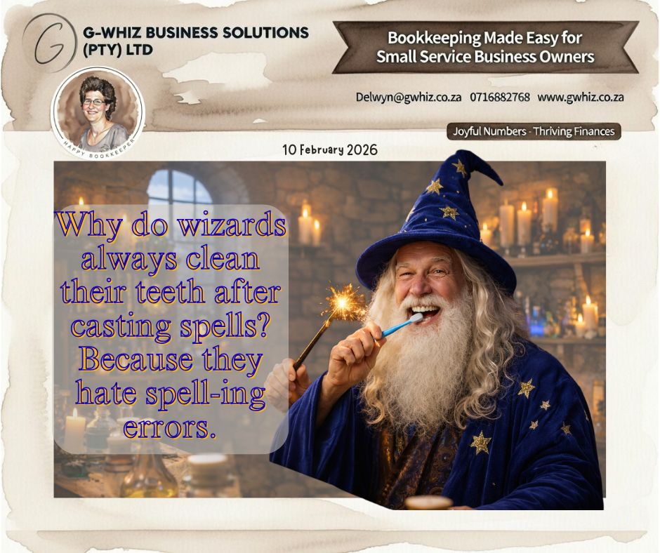 𝑾𝒉𝒚 𝒅𝒐 𝒘𝒊𝒛𝒂𝒓𝒅𝒔 𝒂𝒍𝒘𝒂𝒚𝒔 𝒄𝒍𝒆𝒂𝒏 𝒕𝒉𝒆𝒊𝒓 𝒕𝒆𝒆𝒕𝒉 𝒂𝒇𝒕𝒆𝒓 𝒄𝒂𝒔𝒕𝒊𝒏𝒈 𝒔𝒑𝒆𝒍𝒍𝒔? 🪄🦷 𝑩𝒆𝒄𝒂𝒖𝒔𝒆 𝒕𝒉𝒆𝒚 𝒉𝒂𝒕𝒆 𝒔𝒑𝒆𝒍𝒍-𝒊𝒏𝒈 𝒆𝒓𝒓𝒐𝒓𝒔.

In business, small mistakes can be just as painful as a bad spell—especially when it comes to your books. One missed transaction, one unreconciled account, or one reporting error can quietly drain your time, money, and peace of mind.

𝐓𝐡𝐚𝐭’𝐬 𝐞𝐱𝐚𝐜𝐭𝐥𝐲 𝐰𝐡𝐞𝐫𝐞 𝐭𝐡𝐞 𝐫𝐢𝐠𝐡𝐭 𝐬𝐲𝐬𝐭𝐞𝐦𝐬 𝐦𝐚𝐤𝐞 𝐚𝐥𝐥 𝐭𝐡𝐞 𝐝𝐢𝐟𝐟𝐞𝐫𝐞𝐧𝐜𝐞.

If I could take the hassle out of your everyday bookkeeping and set you up with a simple system that actually works for your business, would you be interested?

When you work with 𝐆-𝐖𝐡𝐢𝐳 𝐁𝐮𝐬𝐢𝐧𝐞𝐬𝐬 𝐒𝐨𝐥𝐮𝐭𝐢𝐨𝐧𝐬, you get:
🪄 Accurate, up-to-date books so you always know where your business stands
🪄 Time-saving systems that reduce admin and free you up to focus on clients
🪄 Clear financial insights to help you make confident, informed decisions

📎 Daily Tip: In QuickBooks, reconciling your bank accounts monthly isn’t optional—it’s the fastest way to catch errors early and avoid nasty surprises at tax time.

𝑺𝒐 𝒊𝒇 𝒚𝒐𝒖𝒓 𝒏𝒖𝒎𝒃𝒆𝒓𝒔 𝒂𝒓𝒆 𝒔𝒕𝒂𝒓𝒕𝒊𝒏𝒈 𝒕𝒐 𝒇𝒆𝒆𝒍 𝒂 𝒍𝒊𝒕𝒕𝒍𝒆… 𝒔𝒑𝒆𝒍𝒍𝒃𝒐𝒖𝒏𝒅, 𝒍𝒆𝒕’𝒔 𝒄𝒍𝒆𝒂𝒏 𝒖𝒑 𝒕𝒉𝒐𝒔𝒆 𝒇𝒊𝒏𝒂𝒏𝒄𝒊𝒂𝒍 “𝒔𝒑𝒆𝒍𝒍-𝒊𝒏𝒈 𝒆𝒓𝒓𝒐𝒓𝒔” 𝒂𝒏𝒅 𝒑𝒖𝒕 𝒔𝒐𝒎𝒆 𝒎𝒂𝒈𝒊𝒄 𝒃𝒂𝒄𝒌 𝒊𝒏𝒕𝒐 𝒚𝒐𝒖𝒓 𝒃𝒖𝒔𝒊𝒏𝒆𝒔𝒔 𝒇𝒊𝒏𝒂𝒏𝒄𝒆𝒔. ✨

👇 Book a chat and let’s make your numbers work with you, not against you.

Kind regards,
𝒟𝓮𝓁𝓌𝓎𝓃
QuickBooks Pro Advisor
G-Whiz Business Solutions (Pty) Ltd.
🌐www.gwhiz.co.za
📆 https://calendly.com/delwyn-gwhiz
ᴊᴏyꜰᴜʟ ɴᴜᴍʙᴇʀꜱ – ᴛʜʀɪvɪɴɢ ꜰɪɴᴀɴcᴇꜱ



#SmallBusinessSA #BookkeepingTips #QuickBooksSA #EntrepreneurLife #BusinessHumor #AccountingMadeEasy #ServiceBusiness #FinancialClarity #SmartSystems #GWhizBusinessSolutions