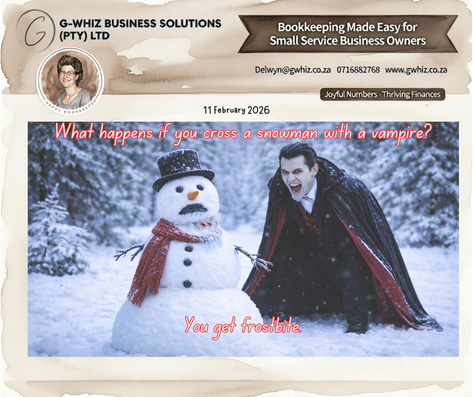 ⛄𝑾𝒉𝒂𝒕 𝒉𝒂𝒑𝒑𝒆𝒏𝒔 𝒊𝒇 𝒚𝒐𝒖 𝒄𝒓𝒐𝒔𝒔 𝒂 𝒔𝒏𝒐𝒘𝒎𝒂𝒏 𝒘𝒊𝒕𝒉 𝒂 𝒗𝒂𝒎𝒑𝒊𝒓𝒆? 🧛‍♂️𝒀𝒐𝒖 𝒈𝒆𝒕 𝒇𝒓𝒐𝒔𝒕𝒃𝒊𝒕𝒆. ❄️

Many South African small service business owners experience that same frozen feeling when it comes to their finances — numbers unclear, systems messy, and decisions put on ice because the books just don’t make sense.

Running a business is hard enough without your bookkeeping draining your time and confidence.

𝐼𝑓 𝐼 𝑐𝑜𝑢𝑙𝑑 𝑡𝑎𝑘𝑒 𝑡ℎ𝑒 ℎ𝑎𝑠𝑠𝑙𝑒 𝑜𝑢𝑡 𝑜𝑓 𝑦𝑜𝑢𝑟 𝑒𝑣𝑒𝑟𝑦𝑑𝑎𝑦 𝑏𝑜𝑜𝑘𝑘𝑒𝑒𝑝𝑖𝑛𝑔 𝑎𝑛𝑑 𝑠𝑒𝑡 𝑦𝑜𝑢 𝑢𝑝 𝑤𝑖𝑡ℎ 𝑎 𝑠𝑖𝑚𝑝𝑙𝑒 𝑠𝑦𝑠𝑡𝑒𝑚 𝑡ℎ𝑎𝑡 𝑎𝑐𝑡𝑢𝑎𝑙𝑙𝑦 𝑤𝑜𝑟𝑘𝑠 𝑓𝑜𝑟 𝑦𝑜𝑢𝑟 𝑏𝑢𝑠𝑖𝑛𝑒𝑠𝑠, 𝑤𝑜𝑢𝑙𝑑 𝑦𝑜𝑢 𝑏𝑒 𝑖𝑛𝑡𝑒𝑟𝑒𝑠𝑡𝑒𝑑?

Here’s how 𝐆-𝐖𝐡𝐢𝐳 𝐁𝐮𝐬𝐢𝐧𝐞𝐬𝐬 𝐒𝐨𝐥𝐮𝐭𝐢𝐨𝐧𝐬 helps business owners stay warm, clear, and in control: 
📊 Accurate, up-to-date bookkeeping so you always know where your business stands
⚙️ Custom QuickBooks setups designed around your workflow, not generic templates
🔍 Clear financial reports that support smarter pricing, budgeting, and growth decisions

𝐃𝐚𝐢𝐥𝐲 𝐓𝐢𝐩: In QuickBooks, you can automate recurring invoices for regular clients — saving time every month and improving cash flow consistency.

𝑫𝒐𝒏’𝒕 𝒍𝒆𝒕 𝒚𝒐𝒖𝒓 𝒇𝒊𝒏𝒂𝒏𝒄𝒆𝒔 𝒈𝒆𝒕 𝒇𝒓𝒐𝒔𝒕𝒃𝒊𝒕𝒕𝒆𝒏 𝒘𝒉𝒊𝒍𝒆 𝒚𝒐𝒖’𝒓𝒆 𝒃𝒖𝒔𝒚 𝒃𝒖𝒊𝒍𝒅𝒊𝒏𝒈 𝒚𝒐𝒖𝒓 𝒃𝒖𝒔𝒊𝒏𝒆𝒔𝒔. 𝑨 𝒔𝒐𝒍𝒊𝒅 𝒔𝒚𝒔𝒕𝒆𝒎 𝒌𝒆𝒆𝒑𝒔 𝒕𝒉𝒊𝒏𝒈𝒔 𝒎𝒐𝒗𝒊𝒏𝒈, 𝒆𝒗𝒆𝒏 𝒘𝒉𝒆𝒏 𝒕𝒉𝒊𝒏𝒈𝒔 𝒉𝒆𝒂𝒕 𝒖𝒑.

☃️🦇 Ready to stop the financial chill?
Let’s thaw out the numbers and keep your business running strong.

Kind regards,
𝒟𝓮𝓁𝓌𝓎𝓃
QuickBooks Pro Advisor
G-Whiz Business Solutions (Pty) Ltd.
🌐www.gwhiz.co.za
📆 https://calendly.com/delwyn-gwhiz


#FrostbiteFinances #BookkeepingMadeEasy #QuickBooksSouthAfrica 
#SmallBusinessSA #ThawYourNumbers #BusinessBookkeeping 
#QuickBooksProAdvisor #SouthAfricanEntrepreneurs #FinancialClarity 
#GWhizBusinessSolutions #NoMoreFinancialChill #EasyBookkeeping 
#GrowYourBusinessSA #QuickBooksTips