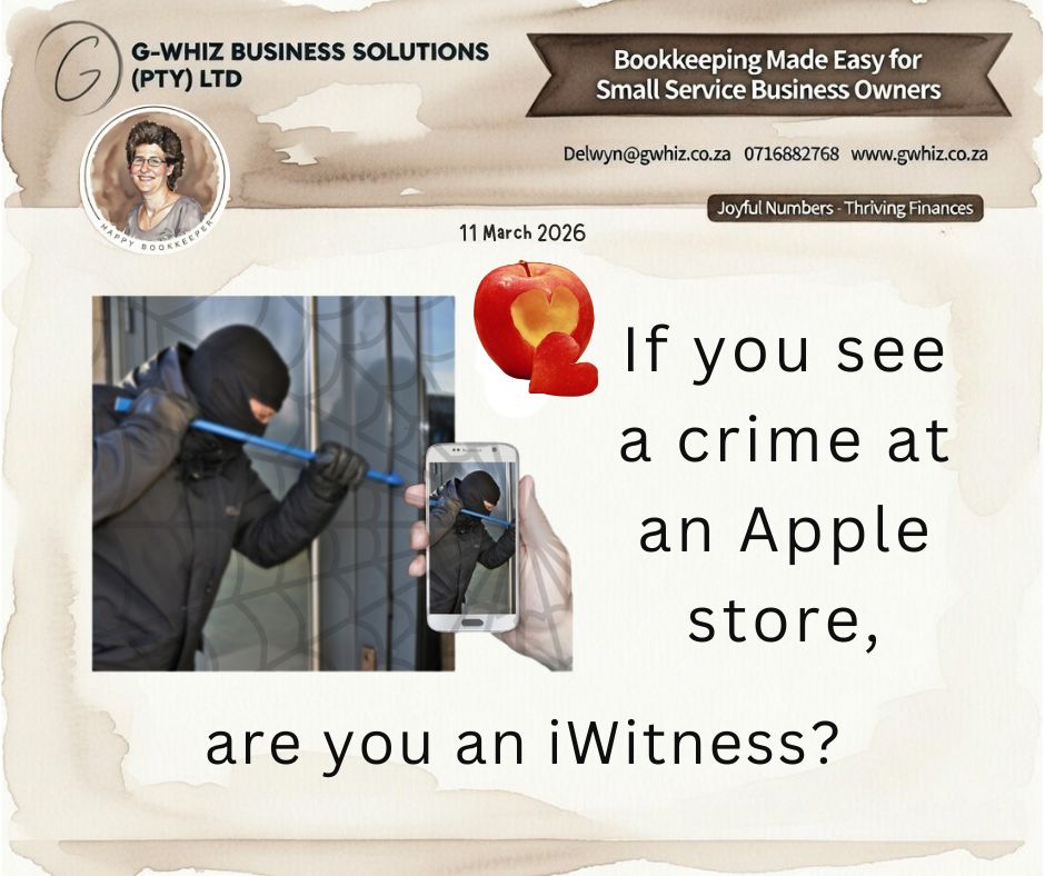 🤣🍏 𝑰𝒇 𝒚𝒐𝒖 𝒔𝒆𝒆 𝒂 𝒄𝒓𝒊𝒎𝒆 𝒂𝒕 𝒂𝒏 𝑨𝒑𝒑𝒍𝒆 𝒔𝒕𝒐𝒓𝒆, 𝒂𝒓𝒆 𝒚𝒐𝒖 𝒂𝒏 𝒊𝑾𝒊𝒕𝒏𝒆𝒔𝒔? 👀📱

Catching mistakes quickly is important — and not just in an Apple store. In many small service businesses across South Africa, bookkeeping errors go unnoticed for months. Missing invoices, forgotten expenses, or unclear reports can quietly drain your profits.

"𝐼𝑓 𝐼 𝑐𝑜𝑢𝑙𝑑 𝑡𝑎𝑘𝑒 𝑡ℎ𝑒 ℎ𝑎𝑠𝑠𝑙𝑒 𝑜𝑢𝑡 𝑜𝑓 𝑦𝑜𝑢𝑟 𝑒𝑣𝑒𝑟𝑦𝑑𝑎𝑦 𝑏𝑜𝑜𝑘𝑘𝑒𝑒𝑝𝑖𝑛𝑔 𝑎𝑛𝑑 𝑠𝑒𝑡 𝑦𝑜𝑢 𝑢𝑝 𝑤𝑖𝑡ℎ 𝑎 𝑠𝑖𝑚𝑝𝑙𝑒 𝑠𝑦𝑠𝑡𝑒𝑚 𝑡ℎ𝑎𝑡 𝑎𝑐𝑡𝑢𝑎𝑙𝑙𝑦 𝑤𝑜𝑟𝑘𝑠 𝑓𝑜𝑟 𝑦𝑜𝑢𝑟 𝑏𝑢𝑠𝑖𝑛𝑒𝑠𝑠—𝑤𝑜𝑢𝑙𝑑 𝑦𝑜𝑢 𝑏𝑒 𝑖𝑛𝑡𝑒𝑟𝑒𝑠𝑡𝑒𝑑?"

At 𝐆-𝐖𝐡𝐢𝐳 𝐁𝐮𝐬𝐢𝐧𝐞𝐬𝐬 𝐒𝐨𝐥𝐮𝐭𝐢𝐨𝐧𝐬, I help small service business owners take control of their numbers so they can focus on running their business. When we work together, you benefit from:
🍎 A simple, structured bookkeeping system using QuickBooks Online
🍎 Clear, reliable financial information so you know where your business stands
🍎 Less admin stress and more time to focus on growing your business

𝐃𝐚𝐢𝐥𝐲 𝐐𝐮𝐢𝐜𝐤𝐁𝐨𝐨𝐤𝐬 𝐓𝐢𝐩: Recording expenses regularly (even just once a week) keeps your financial reports accurate and prevents the month-end scramble. QuickBooks Online makes this quick and easy from your phone or computer.

𝑺𝒐 𝒊𝒇 𝒚𝒐𝒖𝒓 𝒃𝒐𝒐𝒌𝒌𝒆𝒆𝒑𝒊𝒏𝒈 𝒄𝒖𝒓𝒓𝒆𝒏𝒕𝒍𝒚 𝒇𝒆𝒆𝒍𝒔 𝒍𝒊𝒌𝒆 𝒂 𝒎𝒚𝒔𝒕𝒆𝒓𝒚 𝒄𝒂𝒔𝒆… 𝒊𝒕 𝒎𝒊𝒈𝒉𝒕 𝒃𝒆 𝒕𝒊𝒎𝒆 𝒕𝒐 𝒃𝒓𝒊𝒏𝒈 𝒊𝒏 𝒂𝒏 “𝒊𝑾𝒊𝒕𝒏𝒆𝒔𝒔” 𝒇𝒐𝒓 𝒚𝒐𝒖𝒓 𝒇𝒊𝒏𝒂𝒏𝒄𝒆𝒔. 👀📊

Let’s solve the case together.

Kind regards,
𝒟𝓮𝓁𝓌𝓎𝓃
QuickBooks Pro Advisor
G-Whiz Business Solutions (Pty) Ltd.
🌐www.gwhiz.co.za
📆 https://calendly.com/delwyn-gwhiz
"ᴊᴏyꜰᴜʟ ɴᴜᴍʙᴇʀꜱ – ᴛʜʀɪvɪɴɢ ꜰɪɴᴀɴcᴇꜱ"

#SmallBusinessSA #BookkeepingTips #QuickBooksOnline #SouthAfricanBusiness #ServiceBusiness #FinancialClarity #GWhizBusinessSolutions #EntrepreneurLife #SmallBusinessSupport #KnowYourNumbers