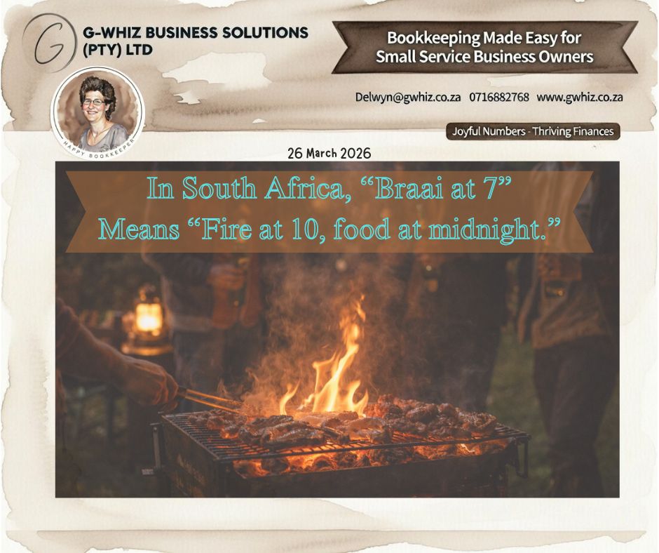 𝑰𝒏 𝑺𝒐𝒖𝒕𝒉 𝑨𝒇𝒓𝒊𝒄𝒂, “𝒃𝒓𝒂𝒂𝒊 𝒂𝒕 7”… 🔥𝒎𝒆𝒂𝒏𝒔 “🔥𝑭𝒊𝒓𝒆 𝒂𝒕 10, 🍽️𝒇𝒐𝒐𝒅 𝒂𝒕 𝒎𝒊𝒅𝒏𝒊𝒈𝒉𝒕.”

Timing can be… flexible. 😅 But in business, delays—especially in your finances—can cost you more than just a late meal.

When your books aren’t up to date, decisions get delayed, opportunities get missed, and suddenly you’re always playing catch-up instead of staying in control.

"𝐼𝑓 𝐼 𝑐𝑜𝑢𝑙𝑑 𝑡𝑎𝑘𝑒 𝑡ℎ𝑒 ℎ𝑎𝑠𝑠𝑙𝑒 𝑜𝑢𝑡 𝑜𝑓 𝑦𝑜𝑢𝑟 𝑒𝑣𝑒𝑟𝑦𝑑𝑎𝑦 𝑏𝑜𝑜𝑘𝑘𝑒𝑒𝑝𝑖𝑛𝑔 𝑎𝑛𝑑 𝑠𝑒𝑡 𝑦𝑜𝑢 𝑢𝑝 𝑤𝑖𝑡ℎ 𝑎 𝑠𝑖𝑚𝑝𝑙𝑒 𝑠𝑦𝑠𝑡𝑒𝑚 𝑡ℎ𝑎𝑡 𝑎𝑐𝑡𝑢𝑎𝑙𝑙𝑦 𝑤𝑜𝑟𝑘𝑠 𝑓𝑜𝑟 𝑦𝑜𝑢𝑟 𝑏𝑢𝑠𝑖𝑛𝑒𝑠𝑠—𝑤𝑜𝑢𝑙𝑑 𝑦𝑜𝑢 𝑏𝑒 𝑖𝑛𝑡𝑒𝑟𝑒𝑠𝑡𝑒𝑑?"

Here’s what working with 𝐆-𝐖𝐡𝐢𝐳 𝐁𝐮𝐬𝐢𝐧𝐞𝐬𝐬 𝐒𝐨𝐥𝐮𝐭𝐢𝐨𝐧𝐬 brings to your business:
✔ Up-to-date financials so you’re never behind
✔ Efficient systems that keep everything running on time
✔ Clear insights to help you make faster, smarter decisions

💡 𝐃𝐚𝐢𝐥𝐲 𝐓𝐢𝐩: Set a fixed “finance hour” once a week. Treat it like a meeting you can’t miss—consistency beats last-minute catch-ups every time.

𝑫𝒐𝒏’𝒕 𝒍𝒆𝒕 𝒚𝒐𝒖𝒓 𝒇𝒊𝒏𝒂𝒏𝒄𝒆𝒔 𝒓𝒖𝒏 𝒐𝒏 “𝒃𝒓𝒂𝒂𝒊 𝒕𝒊𝒎𝒆”—𝒍𝒆𝒕’𝒔 𝒈𝒆𝒕 𝒆𝒗𝒆𝒓𝒚𝒕𝒉𝒊𝒏𝒈 𝒘𝒐𝒓𝒌𝒊𝒏𝒈 𝒓𝒊𝒈𝒉𝒕 𝒐𝒏 𝒔𝒄𝒉𝒆𝒅𝒖𝒍𝒆. 😉

Kind regards,
𝒟𝓮𝓁𝓌𝓎𝓃
QuickBooks Pro Advisor
G-Whiz Business Solutions (Pty) Ltd.
🌐www.gwhiz.co.za
📆 https://calendly.com/delwyn-gwhiz
ᴊᴏyꜰᴜʟ ɴᴜᴍʙᴇʀꜱ – ᴛʜʀɪvɪɴɢ ꜰɪɴᴀɴcᴇꜱ


#SmallBusinessSA #BraaiTime #EntrepreneurLife #BookkeepingMadeSimple #QuickBooksSA #BusinessGrowth #FinancialClarity #SAEntrepreneurs #TimeManagement #GWhizSolutions