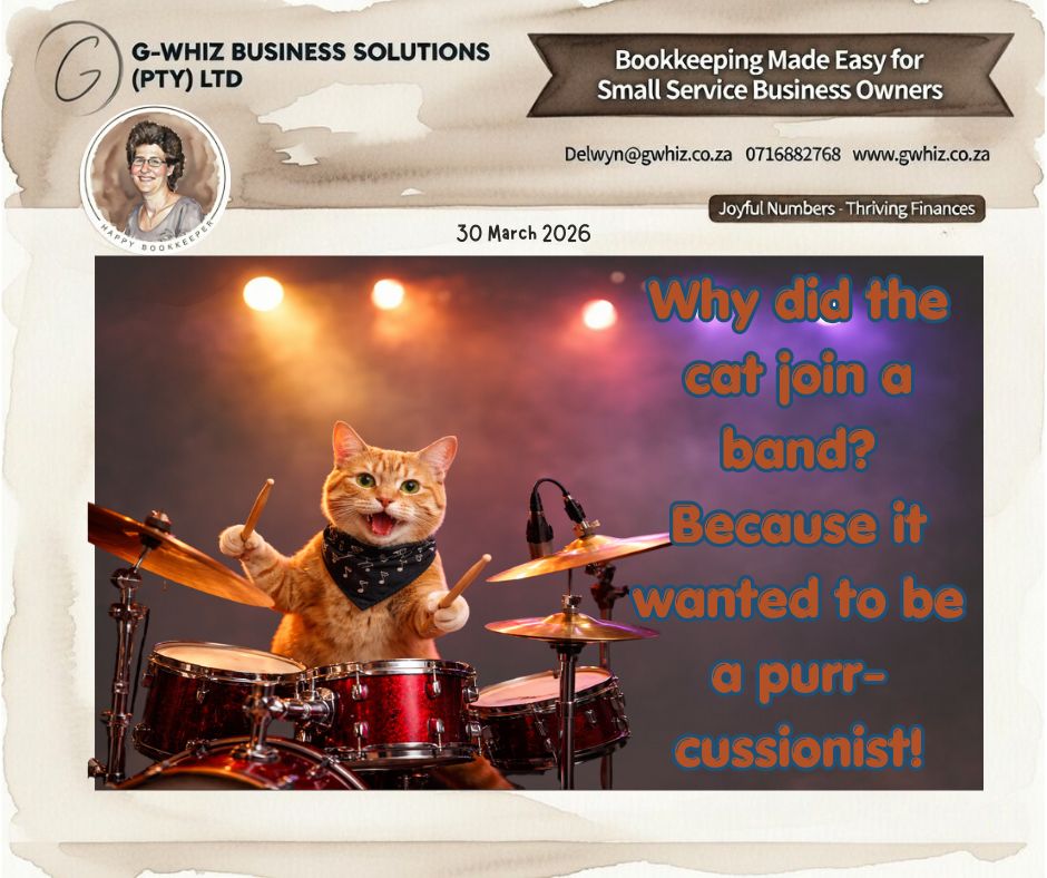 🐱 𝑾𝒉𝒚 𝒅𝒊𝒅 𝒕𝒉𝒆 𝒄𝒂𝒕 𝒋𝒐𝒊𝒏 𝒂 𝒃𝒂𝒏𝒅?🥁 𝑩𝒆𝒄𝒂𝒖𝒔𝒆 𝒊𝒕 𝒘𝒂𝒏𝒕𝒆𝒅 𝒕𝒐 𝒃𝒆 𝒂 𝒑𝒖𝒓𝒓-𝒄𝒖𝒔𝒔𝒊𝒐𝒏𝒊𝒔𝒕! 😄

It’s funny how everything works better when each part plays its role perfectly—timing, rhythm, structure.

"𝐼𝑓 𝐼 𝑐𝑜𝑢𝑙𝑑 𝑡𝑎𝑘𝑒 𝑡ℎ𝑒 ℎ𝑎𝑠𝑠𝑙𝑒 𝑜𝑢𝑡 𝑜𝑓 𝑦𝑜𝑢𝑟 𝑒𝑣𝑒𝑟𝑦𝑑𝑎𝑦 𝑏𝑜𝑜𝑘𝑘𝑒𝑒𝑝𝑖𝑛𝑔 𝑎𝑛𝑑 𝑠𝑒𝑡 𝑦𝑜𝑢 𝑢𝑝 𝑤𝑖𝑡ℎ 𝑎 𝑠𝑖𝑚𝑝𝑙𝑒 𝑠𝑦𝑠𝑡𝑒𝑚 𝑡ℎ𝑎𝑡 𝑎𝑐𝑡𝑢𝑎𝑙𝑙𝑦 𝑤𝑜𝑟𝑘𝑠 𝑓𝑜𝑟 𝑦𝑜𝑢𝑟 𝑏𝑢𝑠𝑖𝑛𝑒𝑠𝑠—𝑤𝑜𝑢𝑙𝑑 𝑦𝑜𝑢 𝑏𝑒 𝑖𝑛𝑡𝑒𝑟𝑒𝑠𝑡𝑒𝑑?"

That’s exactly how your business finances should run. When your bookkeeping is in sync, everything flows smoother, decisions are clearer, and growth becomes a lot more predictable.

Here’s what working with 𝐆-𝐖𝐡𝐢𝐳 Business Solutions brings to your business:
✔ Well-structured financial systems that keep everything in rhythm
✔ More clarity so you always know what’s happening in your business
✔ Less stress because your numbers finally make sense

𝐃𝐚𝐢𝐥𝐲 𝐓𝐢𝐩: Use consistent naming for your expense categories in QuickBooks. Clean, structured data makes reporting faster and far more useful.

🎶𝑫𝒐𝒏’𝒕 𝒍𝒆𝒕 𝒚𝒐𝒖𝒓 𝒇𝒊𝒏𝒂𝒏𝒄𝒆𝒔 𝒇𝒂𝒍𝒍 𝒐𝒖𝒕 𝒐𝒇 𝒓𝒉𝒚𝒕𝒉𝒎—𝒍𝒆𝒕’𝒔 𝒈𝒆𝒕 𝒆𝒗𝒆𝒓𝒚𝒕𝒉𝒊𝒏𝒈 𝒑𝒍𝒂𝒚𝒊𝒏𝒈 𝒊𝒏 𝒑𝒆𝒓𝒇𝒆𝒄𝒕 𝒉𝒂𝒓𝒎𝒐𝒏𝒚.😉

Kind regards,
𝒟𝓮𝓁𝓌𝓎𝓃
QuickBooks Pro Advisor
G-Whiz Business Solutions (Pty) Ltd.
🌐www.gwhiz.co.za⁠�
📆 https://calendly.com/delwyn-gwhiz⁠�
ᴊᴏyꜰᴜʟ ɴᴜᴍʙᴇʀꜱ – ᴛʜʀɪvɪɴɢ ꜰɪɴᴀɴcᴇꜱ


#SmallBusinessSA #EntrepreneurLife #BookkeepingMadeSimple #QuickBooksSA #BusinessGrowth #FinancialClarity #SAEntrepreneurs #BusinessTips #StayOrganised #GWhizSolutions
