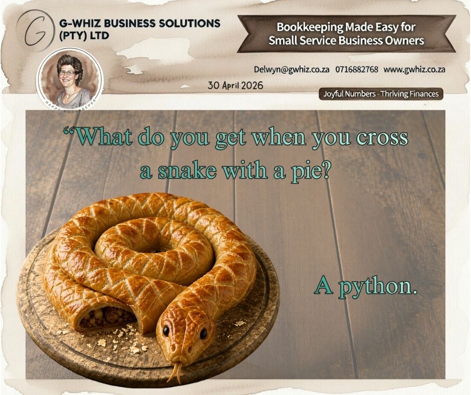 🥧𝑾𝒉𝒂𝒕 𝒅𝒐 𝒚𝒐𝒖 𝒈𝒆𝒕 𝒘𝒉𝒆𝒏 𝒚𝒐𝒖 𝒄𝒓𝒐𝒔𝒔 𝒂 𝒔𝒏𝒂𝒌𝒆 🐍𝒘𝒊𝒕𝒉 𝒂 𝒑𝒊𝒆? 𝑨 𝒑𝒚𝒕𝒉𝒐𝒏. 😅

Running a small service business in South Africa already comes with enough twists — late payments, rising costs, and clients who “forgot” your invoice. Your bookkeeping shouldn’t feel like another puzzle to solve at the end of a long day.

𝐓𝐡𝐞 𝐫𝐞𝐚𝐥𝐢𝐭𝐲 𝐈 𝐬𝐞𝐞 𝐟𝐚𝐫 𝐭𝐨𝐨 𝐨𝐟𝐭𝐞𝐧:
• Invoices are sent… but not followed up
• Expenses are captured… but not reviewed
• Bank accounts have money… but there’s no clear picture of profit

That’s how finances quietly turn into a tangled mess — and by the time you look at your numbers, they don’t make sense anymore.

𝐈 𝐟𝐨𝐜𝐮𝐬 𝐨𝐧 𝐤𝐞𝐞𝐩𝐢𝐧𝐠 𝐭𝐡𝐢𝐧𝐠𝐬 𝐬𝐢𝐦𝐩𝐥𝐞, 𝐩𝐫𝐚𝐜𝐭𝐢𝐜𝐚𝐥, 𝐚𝐧𝐝 𝐞𝐚𝐬𝐲 𝐭𝐨 𝐦𝐚𝐧𝐚𝐠𝐞. Using QuickBooks Online, I help you build a system that works for your business — not one that adds more admin to your plate.

𝐇𝐞𝐫𝐞’𝐬 𝐰𝐡𝐚𝐭 𝐰𝐨𝐫𝐤𝐢𝐧𝐠 𝐰𝐢𝐭𝐡 𝐆-𝐖𝐡𝐢𝐳 𝐁𝐮𝐬𝐢𝐧𝐞𝐬𝐬 𝐒𝐨𝐥𝐮𝐭𝐢𝐨𝐧𝐬 𝐦𝐞𝐚𝐧𝐬 𝐟𝐨𝐫 𝐲𝐨𝐮:
✔️ Clear, organised records that are always up to date
✔️ A simple system for tracking who owes you money
✔️ Accurate numbers you can rely on when making decisions
✔️ Less time spent on admin, more time focused on your business

𝐃𝐚𝐢𝐥𝐲 𝐓𝐢𝐩: Reconciling your bank account regularly in QuickBooks isn’t just a “nice to have” — it’s what keeps your numbers accurate and helps you spot missing or incorrect transactions before they become bigger problems.

𝐃𝐨𝐧’𝐭 𝐥𝐞𝐭 𝐲𝐨𝐮𝐫 𝐟𝐢𝐧𝐚𝐧𝐜𝐞𝐬 𝐭𝐮𝐫𝐧 𝐢𝐧𝐭𝐨 𝐚 𝐭𝐚𝐧𝐠𝐥𝐞𝐝 𝐩𝐲𝐭𝐡𝐨𝐧… 𝐤𝐞𝐞𝐩 𝐭𝐡𝐢𝐧𝐠𝐬 𝐬𝐢𝐦𝐩𝐥𝐞, 𝐬𝐦𝐨𝐨𝐭𝐡, 𝐚𝐧𝐝 𝐮𝐧𝐝𝐞𝐫 𝐜𝐨𝐧𝐭𝐫𝐨𝐥. 🐍📊

Kind regards, 
𝒟𝓮𝓁𝓌𝓎𝓃 
QuickBooks Pro Advisor G-Whiz Business Solutions (Pty) Ltd.
🌐www.gwhiz.co.za 
📆 https://calendly.com/delwyn-gwhiz 
ᴊᴏyꜰᴜʟ ɴᴜᴍʙᴇʀꜱ – ᴛʜʀɪvɪɴɢ ꜰɪɴᴀɴcᴇꜱ 


#SmallBusinessSA #FunnyMarketing #EntrepreneurLife #BookkeepingSupport #QuickBooksSA #BusinessGrowth #FinancialClarity #SAEntrepreneurs #SmallBusinessTips #GWhizSolutions 
