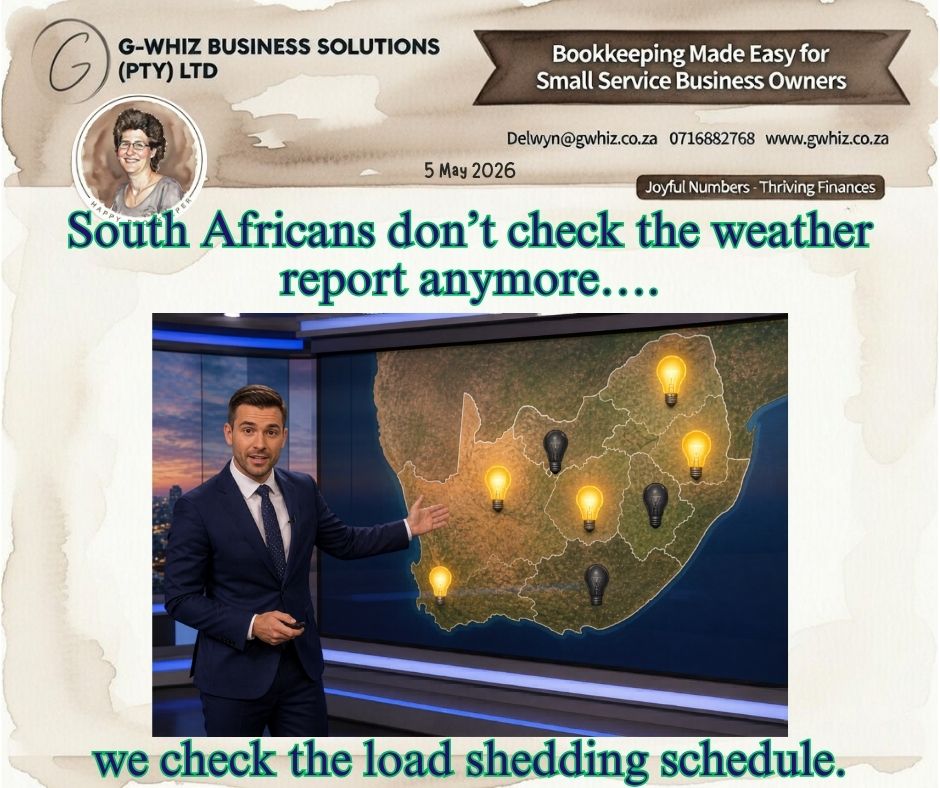 🌦️𝑺𝒐𝒖𝒕𝒉 𝑨𝒇𝒓𝒊𝒄𝒂𝒏𝒔 𝒏𝒐 𝒍𝒐𝒏𝒈𝒆𝒓 𝒄𝒉𝒆𝒄𝒌 𝒕𝒉𝒆 𝒘𝒆𝒂𝒕𝒉𝒆𝒓 𝒓𝒆𝒑𝒐𝒓𝒕; 𝒘𝒆 𝒄𝒉𝒆𝒄𝒌 𝒕𝒉𝒆 𝒍𝒐𝒂𝒅 𝒔𝒉𝒆𝒅𝒅𝒊𝒏𝒈 𝒔𝒄𝒉𝒆𝒅𝒖𝒍𝒆. 🔦😅 

In South Africa, business owners already deal with enough unpredictability every day. Power cuts, rising petrol costs, delayed payments, and endless admin can make running a business feel harder than it should be. 

That’s why having organised finances and reliable systems matters more than ever. 

When your bookkeeping is clear and up to date, you spend less time reacting to problems and more time making confident decisions for your business. 

"𝘐𝘧 𝘐 𝘤𝘰𝘶𝘭𝘥 𝘵𝘢𝘬𝘦 𝘵𝘩𝘦 𝘩𝘢𝘴𝘴𝘭𝘦 𝘰𝘶𝘵 𝘰𝘧 𝘺𝘰𝘶𝘳 𝘦𝘷𝘦𝘳𝘺𝘥𝘢𝘺 𝘣𝘰𝘰𝘬𝘬𝘦𝘦𝘱𝘪𝘯𝘨 𝘢𝘯𝘥 𝘴𝘦𝘵 𝘺𝘰𝘶 𝘶𝘱 𝘸𝘪𝘵𝘩 𝘢 𝘴𝘪𝘮𝘱𝘭𝘦 𝘴𝘺𝘴𝘵𝘦𝘮 𝘵𝘩𝘢𝘵 𝘢𝘤𝘵𝘶𝘢𝘭𝘭𝘺 𝘸𝘰𝘳𝘬𝘴 𝘧𝘰𝘳 𝘺𝘰𝘶𝘳 𝘣𝘶𝘴𝘪𝘯𝘦𝘴𝘴, 𝘸𝘰𝘶𝘭𝘥 𝘺𝘰𝘶 𝘣𝘦 𝘪𝘯𝘵𝘦𝘳𝘦𝘴𝘵𝘦𝘥?"

At 𝐆-𝐖𝐡𝐢𝐳 𝐁𝐮𝐬𝐢𝐧𝐞𝐬𝐬 𝐒𝐨𝐥𝐮𝐭𝐢𝐨𝐧𝐬, I help small business owners simplify their bookkeeping so they can focus on running and growing their businesses with less stress. 

Here’s what working with 𝐆-𝐖𝐡𝐢𝐳 𝐁𝐮𝐬𝐢𝐧𝐞𝐬𝐬 𝐒𝐨𝐥𝐮𝐭𝐢𝐨𝐧𝐬 can do for you: 

🌈 Keep your bookkeeping organised and accurate year-round
🌈 Save time with streamlined financial systems 
🌈 Give you better visibility into your business performance and cash flow 

💡 Daily Tip: Keeping digital backups of your invoices, receipts, and financial records can save your business from major headaches during load shedding or unexpected system failures. This is easily achieved with QuickBooks Online Accounting.

Load shedding is unpredictable enough… your finances don’t have to be 🔦📊 

Kind regards,
𝒟𝓮𝓁𝓌𝓎𝓃
QuickBooks Pro Advisor
G-Whiz Business Solutions (Pty) Ltd. 
🌐www.gwhiz.co.za 
📆 https://calendly.com/delwyn-gwhiz 
ᴊᴏyꜰᴜʟ ɴᴜᴍʙᴇʀꜱ – ᴛʜʀɪvɪɴɢ ꜰɪɴᴀɴcᴇꜱ 

#SouthAfrica #LoadShedding #SmallBusinessSA #EntrepreneurLife #BookkeepingSupport #QuickBooksSA #BusinessGrowth #FinancialClarity #SAEntrepreneurs #GWhizSolutions 