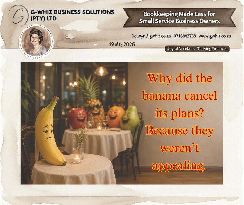 🍌𝑾𝒉𝒚 𝒅𝒊𝒅 𝒕𝒉𝒆 𝒃𝒂𝒏𝒂𝒏𝒂 𝒄𝒂𝒏𝒄𝒆𝒍 𝒊𝒕𝒔 𝒑𝒍𝒂𝒏𝒔? 𝑩𝒆𝒄𝒂𝒖𝒔𝒆 𝒕𝒉𝒆𝒚 𝒘𝒆𝒓𝒆𝒏’𝒕 𝒂𝒑𝒑𝒆𝒂𝒍𝒊𝒏𝒈.😅

In business, not every opportunity is worth saying yes to. Sometimes the smartest decision is focusing your time, energy, and resources on the things that truly move your business forward.

That includes having systems in place that make your daily admin and bookkeeping simpler, smoother, and far less stressful.

"𝐼𝑓 𝐼 𝑐𝑜𝑢𝑙𝑑 𝑡𝑎𝑘𝑒 𝑡ℎ𝑒 ℎ𝑎𝑠𝑠𝑙𝑒 𝑜𝑢𝑡 𝑜𝑓 𝑦𝑜𝑢𝑟 𝑒𝑣𝑒𝑟𝑦𝑑𝑎𝑦 𝑏𝑜𝑜𝑘𝑘𝑒𝑒𝑝𝑖𝑛𝑔 𝑎𝑛𝑑 𝑠𝑒𝑡 𝑦𝑜𝑢 𝑢𝑝 𝑤𝑖𝑡ℎ 𝑎 𝑠𝑖𝑚𝑝𝑙𝑒 𝑠𝑦𝑠𝑡𝑒𝑚 𝑡ℎ𝑎𝑡 𝑎𝑐𝑡𝑢𝑎𝑙𝑙𝑦 𝑤𝑜𝑟𝑘𝑠 𝑓𝑜𝑟 𝑦𝑜𝑢𝑟 𝑏𝑢𝑠𝑖𝑛𝑒𝑠𝑠, 𝑤𝑜𝑢𝑙𝑑 𝑦𝑜𝑢 𝑏𝑒 𝑖𝑛𝑡𝑒𝑟𝑒𝑠𝑡𝑒𝑑?"

At 𝐆-𝐖𝐡𝐢𝐳 𝐁𝐮𝐬𝐢𝐧𝐞𝐬𝐬 𝐒𝐨𝐥𝐮𝐭𝐢𝐨𝐧𝐬, I help small business owners stay organised and focused with practical bookkeeping support designed to save time and reduce unnecessary stress.

Here’s what working with 𝐆-𝐖𝐡𝐢𝐳 𝐁𝐮𝐬𝐢𝐧𝐞𝐬𝐬 𝐒𝐨𝐥𝐮𝐭𝐢𝐨𝐧𝐬 can do for you:
🍌 Simplify your bookkeeping and financial admin
🍌 Give you clearer insights into your business performance
🍌 Help free up more time to focus on growth and customers

Daily Tip: Reviewing your expenses regularly can help identify services or subscriptions your business no longer needs, saving money over time.

Not every business expense is “appealing”… make sure your money is working where it matters most 🍌📊

Kind regards,
𝒟𝓮𝓁𝓌𝓎𝓃
🎓 QuickBooks Pro Advisor
💼 G-Whiz Business Solutions (Pty) Ltd.
🌐www.gwhiz.co.za
📆https://calendly.com/delwyn-gwhiz
“ᴊᴏyꜰᴜʟ ɴᴜᴍʙᴇʀꜱ – ᴛʜʀɪvɪɴɢ ꜰɪɴᴀɴcᴇꜱ”

#SmallBusinessSA #FunnyMarketing #EntrepreneurLife #BookkeepingSupport #QuickBooksSA #BusinessGrowth #FinancialClarity #SAEntrepreneurs #BusinessTips #GWhizSolutions