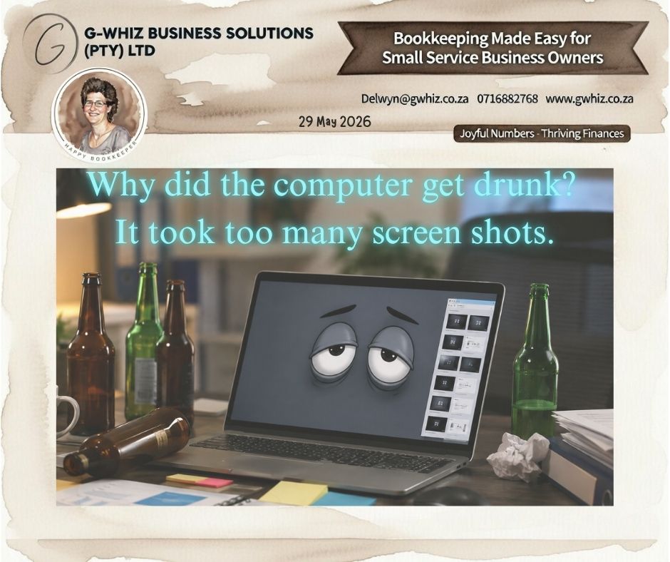 💻 𝑾𝒉𝒚 𝒅𝒊𝒅 𝒕𝒉𝒆 𝒄𝒐𝒎𝒑𝒖𝒕𝒆𝒓 𝒈𝒆𝒕 𝒅𝒓𝒖𝒏𝒌? 🍻 𝑰𝒕 𝒕𝒐𝒐𝒌 𝒕𝒐𝒐 𝒎𝒂𝒏𝒚 𝒔𝒄𝒓𝒆𝒆𝒏𝒔𝒉𝒐𝒕𝒔.🖼️

Some business owners laugh at this joke… while their desktop currently has 4,372 unnamed PDF invoices, six duplicate spreadsheets, and a bank statement saved as “FINAL_FINAL_v2_USETHISONE.xlsx”.😅

If this hits a little too close to home, you’re not alone. Keeping financial records organised shouldn’t feel like digital archaeology.

That’s exactly why I help small businesses cut through the chaos. If I could take the daily hassle out of your bookkeeping and set you up with a simple system that actually works, would you be interested?

At 𝐆-𝐖𝐡𝐢𝐳 𝐁𝐮𝐬𝐢𝐧𝐞𝐬𝐬 𝐒𝐨𝐥𝐮𝐭𝐢𝐨𝐧𝐬, I help owners like you:
📼 Improve cash flow awareness and tracking
💾 Save more time by reducing manual admin
📀 Gain clearer insight into profit versus turnover

Because I’m passionate about helping small businesses build strong foundations, I’ve also created practical bookkeeping and financial e-books, available on www.gwhiz.co.za.

A highly recommended starting point is my e-book Building Better Bookkeeping Systems — because chaos is expensive, even when your folders are nicely colour-coded.

💡𝐅𝐢𝐧𝐚𝐧𝐜𝐞 𝐓𝐢𝐩:
One common mistake is waiting until month-end to capture expenses. Recording transactions weekly makes bank reconciliations much faster, reduces missed deductions, and keeps your financial reports accurate and useful all month long.

Don’t let your bookkeeping become another “screenshot situation.” Visit my website, explore the e-books, and let’s get your business organised — without the digital hangover. 🍺📊

Kind regards,
𝒟𝓮𝓁𝓌𝓎𝓃
🎓 QuickBooks Pro Advisor
💼 G-Whiz Business Solutions (Pty) Ltd.
🌐www.gwhiz.co.za
📆https://calendly.com/delwyn-gwhiz
“ᴊᴏyꜰᴜʟ ɴᴜᴍʙᴇʀꜱ – ᴛʜʀɪvɪɴɢ ꜰɪɴᴀɴcᴇꜱ”

#Bookkeeping #QuickBooks #SmallBusinessSouthAfrica #EntrepreneurLife #CashFlowManagement #AccountingSystems #FinancialOrganisation #BusinessGrowth #Invoicing #SmallBusinessTips