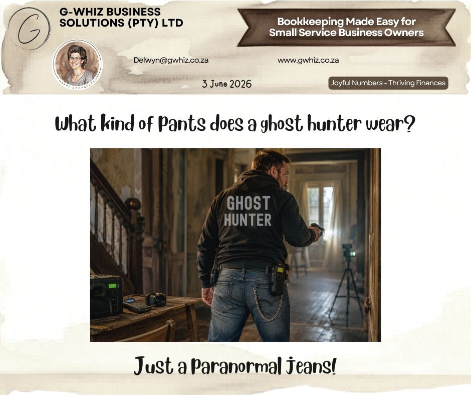 𝑾𝒉𝒂𝒕 𝒌𝒊𝒏𝒅 𝒐𝒇 𝒑𝒂𝒏𝒕𝒔 𝒅𝒐𝒆𝒔 𝒂 𝒈𝒉𝒐𝒔𝒕 𝒉𝒖𝒏𝒕𝒆𝒓 𝒘𝒆𝒂𝒓? 𝑱𝒖𝒔𝒕 𝒂 𝒑𝒂𝒓𝒂𝒏𝒐𝒓𝒎𝒂𝒍 𝒋𝒆𝒂𝒏𝒔! 👻👖

Some business problems can feel a little paranormal too.

Missing receipts that vanish into thin air. Invoices that seem to disappear before they're paid. Bank transactions that mysteriously refuse to match.

The good news? Most financial mysteries have a logical explanation when your bookkeeping system is set up properly.

𝐼𝑓 𝐼 𝑐𝑜𝑢𝑙𝑑 𝑡𝑎𝑘𝑒 𝑡ℎ𝑒 ℎ𝑎𝑠𝑠𝑙𝑒 𝑜𝑢𝑡 𝑜𝑓 𝑦𝑜𝑢𝑟 𝑒𝑣𝑒𝑟𝑦𝑑𝑎𝑦 𝑏𝑜𝑜𝑘𝑘𝑒𝑒𝑝𝑖𝑛𝑔 𝑎𝑛𝑑 𝑠𝑒𝑡 𝑦𝑜𝑢 𝑢𝑝 𝑤𝑖𝑡ℎ 𝑎 𝑠𝑖𝑚𝑝𝑙𝑒 𝑠𝑦𝑠𝑡𝑒𝑚 𝑡ℎ𝑎𝑡 𝑎𝑐𝑡𝑢𝑎𝑙𝑙𝑦 𝑤𝑜𝑟𝑘𝑠 𝑓𝑜𝑟 𝑦𝑜𝑢𝑟 𝑏𝑢𝑠𝑖𝑛𝑒𝑠𝑠, 𝑤𝑜𝑢𝑙𝑑 𝑦𝑜𝑢 𝑏𝑒 𝑖𝑛𝑡𝑒𝑟𝑒𝑠𝑡𝑒𝑑?

At G-Whiz Business Solutions, I help small service business owners:
👖 Stay on top of outstanding customer payments
👖 Gain clearer insight into the difference between profit and turnover
👖 Save valuable hours by reducing manual bookkeeping tasks

If you're looking to strengthen your financial knowledge, you'll also find practical bookkeeping e-books on www.gwhiz.co.za. One of my favourites is "𝐹𝑟𝑜𝑚 𝑆𝑒𝑛𝑑 𝑡𝑜 𝑆𝑒𝑡𝑡𝑙𝑒𝑑", designed to help business owners improve their invoicing and payment collection processes.

💡 𝐂𝐨𝐦𝐦𝐨𝐧 𝐛𝐨𝐨𝐤𝐤𝐞𝐞𝐩𝐢𝐧𝐠 𝐦𝐢𝐬𝐭𝐚𝐤𝐞: Many business owners only review their bank balance when assessing their financial position. Your bank balance doesn't show unpaid supplier bills, outstanding customer invoices, or upcoming obligations. Reviewing your financial reports regularly provides a far more accurate picture.

Don't let bookkeeping mysteries haunt your business. Visit 𝐰𝐰𝐰.𝐠𝐰𝐡𝐢𝐳.𝐜𝐨.𝐳𝐚, explore the e-books, and connect with me to help uncover where your numbers are hiding! 👻📚

Kind regards,

𝒟𝓮𝓁𝓌𝓎𝓃
🎓 QuickBooks Pro Advisor
💼 G-Whiz Business Solutions (Pty) Ltd.
🌐www.gwhiz.co.za
📆https://calendly.com/delwyn-gwhiz
“ᴊᴏyꜰᴜʟ ɴᴜᴍʙᴇʀꜱ – ᴛʜʀɪᴠɪɴɢ ꜰɪɴᴀɴᴄᴇꜱ”

#BookkeepingServices #QuickBooksOnline #SouthAfricanBusiness #SmallBusinessSA #EntrepreneurLife #CashFlowManagement #AccountingSystems #FinancialOrganisation #InvoicingTips #BusinessEducation