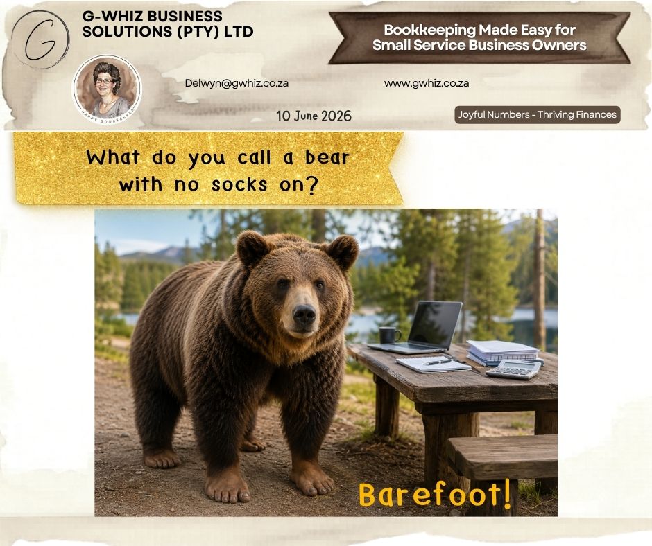 🐻𝐖𝐡𝐚𝐭 𝐝𝐨 𝐲𝐨𝐮 𝐜𝐚𝐥𝐥 𝐚 𝐛𝐞𝐚𝐫 𝐰𝐢𝐭𝐡 𝐧𝐨 𝐬𝐨𝐜𝐤𝐬 𝐨𝐧?🧦 𝐁𝐚𝐫𝐞𝐟𝐨𝐨𝐭. 🦶

Being barefoot is fine if you're walking across your lounge.

It's a lot less comfortable when you're trying to run a business.

Many small business owners operate without the financial systems that help them stay steady on their feet. They know money is coming in and going out, but finding the information they need often means digging through emails, bank statements, WhatsApp messages, and piles of paperwork.

A good bookkeeping system creates a solid foundation. Instead of guessing, you can quickly see who owes you money, what expenses are due, and how your business is really performing.

If I could take the hassle out of your everyday bookkeeping and set you up with a simple system that actually works for your business, would you be interested?

Here's how 𝐆-𝐖𝐡𝐢𝐳 𝐁𝐮𝐬𝐢𝐧𝐞𝐬𝐬 𝐒𝐨𝐥𝐮𝐭𝐢𝐨𝐧𝐬 can help:
🐻 Improve visibility of your cash flow
🧦 Make bank reconciliations simpler and more accurate
🦶 Help you understand the difference between turnover and profit

📘 One of the most common questions I hear is, "Do I really need a bookkeeping system?" That's exactly why I created the e-book 𝐷𝑜 𝐼 𝑁𝑒𝑒𝑑 𝑎 𝐵𝑜𝑜𝑘𝑘𝑒𝑒𝑝𝑖𝑛𝑔 𝑆𝑦𝑠𝑡𝑒𝑚?, available at www.gwhiz.co.za. It explains why good financial systems matter and how they support business growth.

🔎 𝐃𝐢𝐝 𝐲𝐨𝐮 𝐤𝐧𝐨𝐰? Businesses that review their debtor balances regularly often spot payment issues earlier, making it easier to maintain healthy cash flow.

Give your business something better than bare feet to stand on. Visit www.gwhiz.co.za and explore the tools, resources, and e-books designed to help small business owners build stronger financial foundations. Let's set up a conversation!

Kind regards,
𝒟𝓮𝓁𝓌𝓎𝓃
🎓 QuickBooks Pro Advisor
💼 G-Whiz Business Solutions (Pty) Ltd.
🌐www.gwhiz.co.za
📆https://calendly.com/delwyn-gwhiz
“ᴊᴏyꜰᴜʟ ɴᴜᴍʙᴇʀꜱ – ᴛʜʀɪvɪɴɢ ꜰɪɴᴀɴcᴇꜱ”

#BookkeepingSouthAfrica #QuickBooksOnline #SmallBusinessSA #EntrepreneurLife #AccountingSystems #CashFlowManagement #FinancialOrganisation #BusinessGrowth #InvoicingTips #SmallBusinessEducation