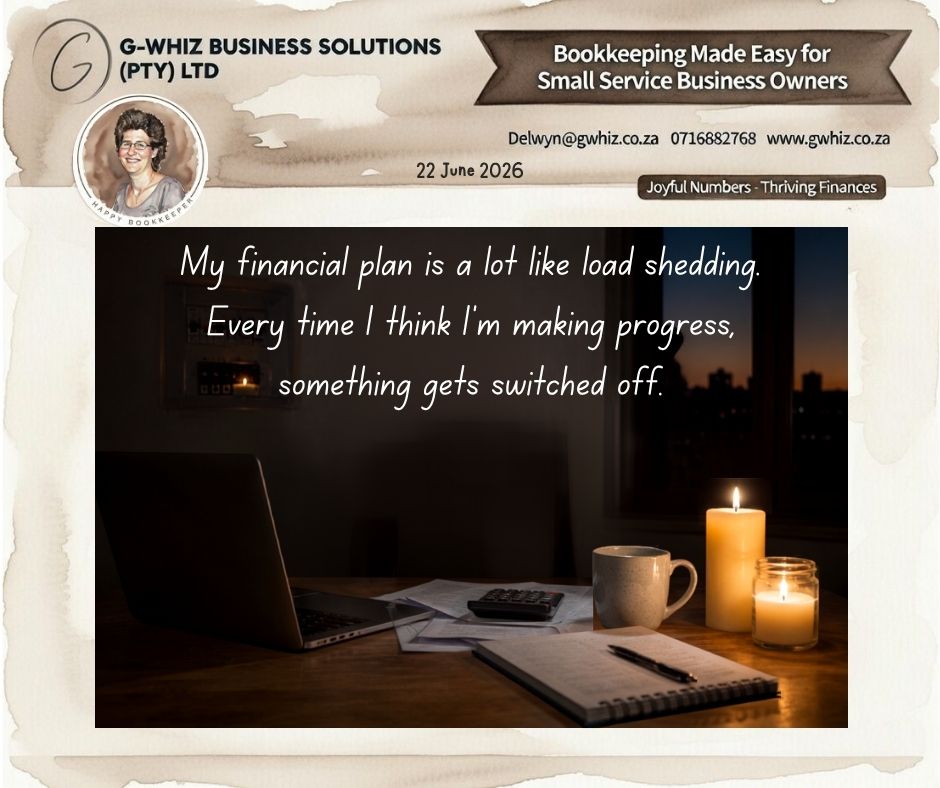 My financial plan is a lot like load shedding. Every time I think I'm making progress, something gets switched off.

South African business owners know that feeling all too well. One month cash flow looks healthy, then an unexpected expense, a late-paying customer, or rising costs suddenly pull the plug on your plans.

The difference between reacting to financial surprises and staying ahead of them often comes down to having accurate, up-to-date financial information at your fingertips.

If I could take the hassle out of your everyday bookkeeping and set you up with a simple system that actually works for your business, would you be interested?

Here's how G-Whiz Business Solutions can help keep your business powered up:
✅ Accurate bookkeeping that helps you make confident decisions
✅ Better cash flow visibility so surprises don't catch you in the dark
✅ More time to focus on growing your business instead of chasing paperwork

💡 Daily Finance Tip:QuickBooks allows you to attach source documents directly to transactions. This creates a digital audit trail and can save hours when searching for invoices, receipts, or proof of expenses later.

A solid bookkeeping system won't stop load shedding—but it can stop your financial progress from being switched off every month! ⚡

Tell us in the comments: What's the biggest "power outage" your business finances have faced recently?

Kind regards,
𝒟𝓮𝓁𝓌𝓎𝓃
🎓 QuickBooks Pro Advisor
💼 G-Whiz Business Solutions (Pty) Ltd.🌐www.gwhiz.co.za
📆https://calendly.com/delwyn-gwhiz
“ᴊᴏyꜰᴜʟ ɴᴜᴍʙᴇʀꜱ – ᴛʜʀɪvɪɴɢ ꜰɪɴᴀɴcᴇꜱ”


#SmallBusinessSA #BookkeepingServices #QuickBooksTips #CashFlowManagement #EntrepreneurSA #BusinessGrowth #FinancialPlanning #AccountingSupport #SouthAfricanBusiness #GWhizBusinessSolutions