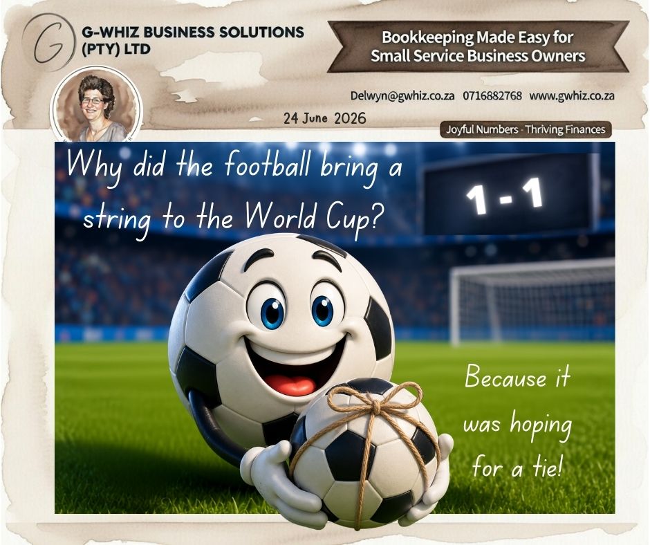 ⚽𝑾𝒉𝒚 𝒅𝒊𝒅 𝒕𝒉𝒆 𝒇𝒐𝒐𝒕𝒃𝒂𝒍𝒍 𝒃𝒓𝒊𝒏𝒈 𝒂 𝒔𝒕𝒓𝒊𝒏𝒈 𝒕𝒐 𝒕𝒉𝒆 𝑾𝒐𝒓𝒍𝒅 𝑪𝒖𝒑? 🧵😂
𝑩𝒆𝒄𝒂𝒖𝒔𝒆 𝒊𝒕 𝒘𝒂𝒔 𝒉𝒐𝒑𝒊𝒏𝒈 𝒇𝒐𝒓 𝒂 𝒕𝒊𝒆!

Tied games create thrilling football moments that keep fans on the edge of their seats. Yet when your business finances are tangled in scattered records and endless admin, small service business owners often feel stuck on the side lines watching opportunities pass them by. Instead of chasing paperwork, you deserve the freedom to focus on growth and delivering exceptional service to your clients.

𝐼𝑓 𝐼 𝑐𝑜𝑢𝑙𝑑 𝑡𝑎𝑘𝑒 𝑡ℎ𝑒 ℎ𝑎𝑠𝑠𝑙𝑒 𝑜𝑢𝑡 𝑜𝑓 𝑦𝑜𝑢𝑟 𝑒𝑣𝑒𝑟𝑦𝑑𝑎𝑦 𝑏𝑜𝑜𝑘𝑘𝑒𝑒𝑝𝑖𝑛𝑔 𝑎𝑛𝑑 𝑠𝑒𝑡 𝑦𝑜𝑢 𝑢𝑝 𝑤𝑖𝑡ℎ 𝑎 𝑠𝑖𝑚𝑝𝑙𝑒 𝑠𝑦𝑠𝑡𝑒𝑚 𝑡ℎ𝑎𝑡 𝑎𝑐𝑡𝑢𝑎𝑙𝑙𝑦 𝑤𝑜𝑟𝑘𝑠 𝑓𝑜𝑟 𝑦𝑜𝑢𝑟 𝑏𝑢𝑠𝑖𝑛𝑒𝑠𝑠, 𝑤𝑜𝑢𝑙𝑑 𝑦𝑜𝑢 𝑏𝑒 𝑖𝑛𝑡𝑒𝑟𝑒𝑠𝑡𝑒𝑑?

At 𝐆-𝐖𝐡𝐢𝐳 𝐁𝐮𝐬𝐢𝐧𝐞𝐬𝐬 𝐒𝐨𝐥𝐮𝐭𝐢𝐨𝐧𝐬, I help business owners:
✔ Gain clearer visibility of their financial position
✔ Stay on top of outstanding customer payments
✔ Reduce hours spent on manual bookkeeping tasks

If building better financial habits is on your to-do list, you'll find practical bookkeeping and business resources at www.gwhiz.co.za. A great place to start is "𝐻𝑜𝑤 𝑡𝑜 𝑅𝑒𝑎𝑑 𝐹𝑖𝑛𝑎𝑛𝑐𝑖𝑎𝑙 𝑆𝑡𝑎𝑡𝑒𝑚𝑒𝑛𝑡𝑠", which helps business owners understand what their numbers are really saying and how to use them to make better decisions.

📊 𝐂𝐨𝐦𝐦𝐨𝐧 𝐁𝐮𝐬𝐢𝐧𝐞𝐬𝐬 𝐅𝐢𝐧𝐚𝐧𝐜𝐞 𝐌𝐢𝐬𝐭𝐚𝐤𝐞:
Many business owners focus only on sales figures. Turnover is important, but profitability tells the real story. A business can have strong sales and still struggle financially if expenses aren't being monitored carefully.

Don't let your bookkeeping end in a draw. Leave a ⚽ in the comments if you would like to hear more about scoring financial wins for your business!

Kind regards,
𝒟𝓮𝓁𝓌𝓎𝓃
🎓 QuickBooks Pro Advisor
💼 G-Whiz Business Solutions (Pty) Ltd.
🌐www.gwhiz.co.za
📆https://calendly.com/delwyn-gwhiz
“ᴊᴏyꜰᴜʟ ɴᴜᴍʙᴇʀꜱ – ᴛʜʀɪvɪɴɢ ꜰɪɴᴀɴcᴇꜱ”

#BookkeepingServices #QuickBooksOnline #SmallBusinessSouthAfrica #EntrepreneurLife #AccountingSystems #CashFlowManagement #FinancialOrganisation #BusinessGrowth #InvoicingTips #SmallBusinessEducation
