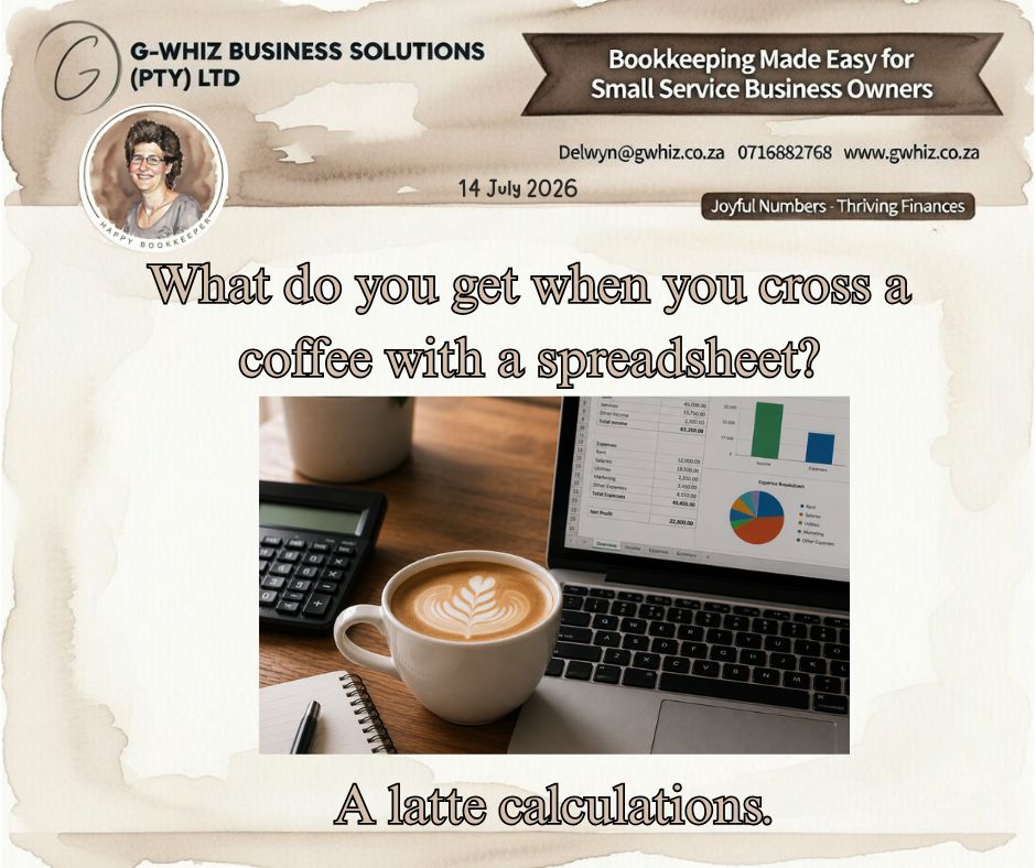 ☕𝑾𝒉𝒂𝒕 𝒅𝒐 𝒚𝒐𝒖 𝒈𝒆𝒕 𝒘𝒉𝒆𝒏 𝒚𝒐𝒖 𝒄𝒓𝒐𝒔𝒔 𝒂 𝒄𝒐𝒇𝒇𝒆𝒆 𝒘𝒊𝒕𝒉 𝒂 𝒔𝒑𝒓𝒆𝒂𝒅𝒔𝒉𝒆𝒆𝒕? 📊𝑨 𝒍𝒂𝒕𝒕𝒆 𝒄𝒂𝒍𝒄𝒖𝒍𝒂𝒕𝒊𝒐𝒏𝒔. 😂 A good cup of coffee can help you start the day, but accurate numbers help your business finish it successfully. When your bookkeeping is organised and up to date, every decision becomes a little easier and every opportunity is backed by confidence. If I could take the hassle out of your everyday bookkeeping and set you up with a simple system that actually works for your business—would you be interested? Here's how 𝐆-𝐖𝐡𝐢𝐳 𝐁𝐮𝐬𝐢𝐧𝐞𝐬𝐬 𝐒𝐨𝐥𝐮𝐭𝐢𝐨𝐧𝐬 can help: ✅ Keep your bookkeeping accurate and up to date. ✅ Save you valuable time by streamlining your financial processes. ✅ Give you clear financial reports so you can make confident business decisions. 💡 𝐃𝐚𝐢𝐥𝐲 𝐓𝐢𝐩: Set aside just 15 minutes each week to review your outstanding customer invoices. Following up sooner can significantly improve your cash flow and reduce overdue payments. Don't let your bookkeeping become a latte work than it needs to be! ☕ Get in touch today and let's turn your business numbers into something worth smiling about. Kind regards, 𝒟𝓮𝓁𝓌𝓎𝓃 🎓 QuickBooks Pro Advisor 💼 G-Whiz Business Solutions (Pty) Ltd. 🌐www.gwhiz.co.za 📆https://calendly.com/delwyn-gwhiz “ᴊᴏyꜰᴜʟ ɴᴜᴍʙᴇʀꜱ – ᴛʜʀɪvɪɴɢ ꜰɪɴᴀɴcᴇꜱ” #QuickBooks #Bookkeeping #SmallBusinessSA #Entrepreneur #BusinessGrowth #Accounting #CashFlow #FinancialTips #GWhizBusinessSolutions #SouthAfrica