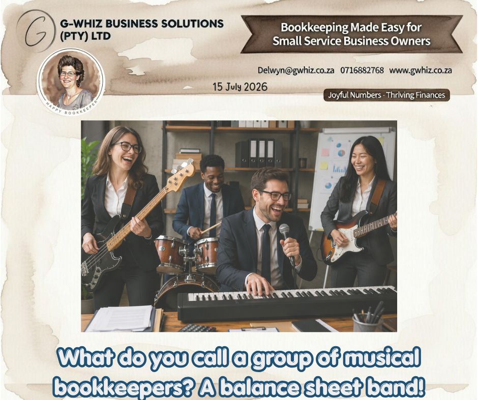 🎵What do you call a group of musical bookkeepers? A balance sheet band! 📊😄 

Running a successful business is a lot like being in a great band. Every part has to work together in harmony. When your bookkeeping is accurate and up to date, your cash flow, reporting, and decision-making all stay in perfect rhythm, giving you the confidence to focus on growing your business. 

If I could take the hassle out of your everyday bookkeeping and set you up with a simple system that actually works for your business—would you be interested? 

Here's how G-Whiz Business Solutions helps your business stay in tune: 
✅ Accurate bookkeeping that keeps your financial records in harmony. 
✅ Time-saving systems that let you focus on your customers instead of paperwork. 
✅ Clear financial reports that help you make smarter business decisions with confidence. 

💡 Daily Tip: In QuickBooks, create bank rules for your regular income and expenses. Automating recurring transaction categories saves time, improves consistency, and reduces manual data entry. 

Don't let your finances miss a beat! 🎶 

Let G-Whiz Business Solutions help your business perform like a chart-topping Balance Sheet Band and keep your numbers singing in perfect harmony.  Contact me.

Kind regards,
𝒟𝓮𝓁𝓌𝓎𝓃
🎓 QuickBooks Pro Advisor
💼 G-Whiz Business Solutions (Pty) Ltd.
🌐www.gwhiz.co.za
📆https://calendly.com/delwyn-gwhiz
“ᴊᴏyꜰᴜʟ ɴᴜᴍʙᴇʀꜱ – ᴛʜʀɪvɪɴɢ ꜰɪɴᴀɴcᴇꜱ”

#QuickBooks #Bookkeeping #SmallBusinessSA #BusinessGrowth #Accounting #FinancialSuccess #CashFlow #Entrepreneur #BusinessTips #GWhizBusinessSolutions 