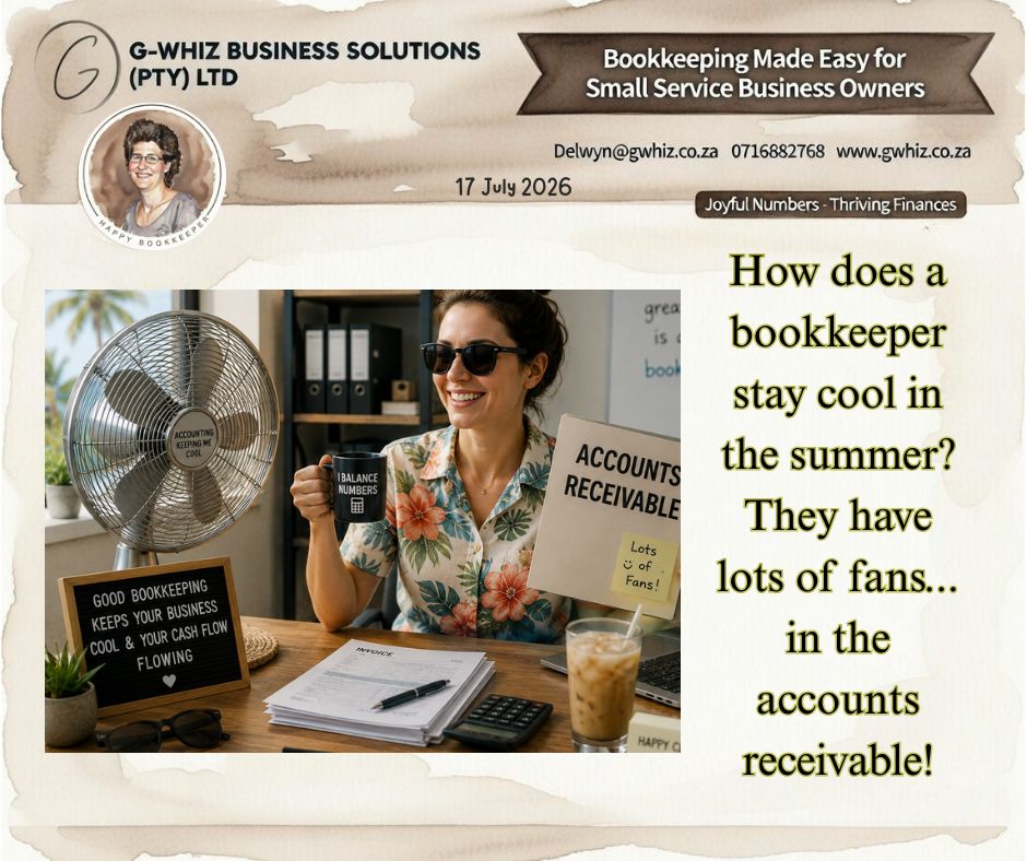 😎𝐇𝐨𝐰 𝐝𝐨𝐞𝐬 𝐚 𝐛𝐨𝐨𝐤𝐤𝐞𝐞𝐩𝐞𝐫 𝐬𝐭𝐚𝐲 𝐜𝐨𝐨𝐥 𝐢𝐧 𝐭𝐡𝐞 𝐬𝐮𝐦𝐦𝐞𝐫? ⛱️ 𝐓𝐡𝐞𝐲 𝐡𝐚𝐯𝐞 𝐥𝐨𝐭𝐬 𝐨𝐟 𝐟𝐚𝐧𝐬... 𝐢𝐧 𝐭𝐡𝐞 𝐚𝐜𝐜𝐨𝐮𝐧𝐭𝐬 𝐫𝐞𝐜𝐞𝐢𝐯𝐚𝐛𝐥𝐞! 🪭

Keeping your business cool isn't about the weather, it's about keeping your cash flowing. When your accounts receivable is well managed, you spend less time chasing unpaid invoices and more time doing what you do best... growing your business.

𝐼𝑓 𝐼 𝑐𝑜𝑢𝑙𝑑 𝑡𝑎𝑘𝑒 𝑡ℎ𝑒 ℎ𝑎𝑠𝑠𝑙𝑒 𝑜𝑢𝑡 𝑜𝑓 𝑦𝑜𝑢𝑟 𝑒𝑣𝑒𝑟𝑦𝑑𝑎𝑦 𝑏𝑜𝑜𝑘𝑘𝑒𝑒𝑝𝑖𝑛𝑔 𝑎𝑛𝑑 𝑠𝑒𝑡 𝑦𝑜𝑢 𝑢𝑝 𝑤𝑖𝑡ℎ 𝑎 𝑠𝑖𝑚𝑝𝑙𝑒 𝑠𝑦𝑠𝑡𝑒𝑚 𝑡ℎ𝑎𝑡 𝑎𝑐𝑡𝑢𝑎𝑙𝑙𝑦 𝑤𝑜𝑟𝑘𝑠 𝑓𝑜𝑟 𝑦𝑜𝑢𝑟 𝑏𝑢𝑠𝑖𝑛𝑒𝑠𝑠—𝑤𝑜𝑢𝑙𝑑 𝑦𝑜𝑢 𝑏𝑒 𝑖𝑛𝑡𝑒𝑟𝑒𝑠𝑡𝑒𝑑?

At 𝐆-𝐖𝐡𝐢𝐳 𝐁𝐮𝐬𝐢𝐧𝐞𝐬𝐬 𝐒𝐨𝐥𝐮𝐭𝐢𝐨𝐧𝐬, I help South African small service businesses:
✅ Keep their bookkeeping accurate and up to date.
✅ Stay on top of customer invoices and improve cash flow.
✅ Gain clear financial insights to make smarter business decisions.

💡 𝐐𝐮𝐢𝐜𝐤𝐁𝐨𝐨𝐤𝐬 𝐅𝐞𝐚𝐭𝐮𝐫𝐞 𝐒𝐩𝐨𝐭𝐥𝐢𝐠𝐡𝐭:
If you regularly email invoices to customers, save time by setting up automatic payment reminders in QuickBooks Online. Friendly reminders can be scheduled before and after the due date, helping you improve collections without having to manually follow up on every outstanding invoice.

📚 Practical bookkeeping and financial e-books are available on www.gwhiz.co.za to help small business owners build stronger financial habits and more efficient business systems.

One e-book that many business owners find useful is "𝐹𝑟𝑜𝑚 𝑆𝑒𝑛𝑑 𝑡𝑜 𝑆𝑒𝑡𝑡𝑙𝑒𝑑", which shares practical strategies for improving invoicing processes and encouraging faster customer payments.

The more happy customers you have, the more fans your business earns... and when they pay on time, everyone stays cool! 😎 Let 𝐆-𝐖𝐡𝐢𝐳 𝐁𝐮𝐬𝐢𝐧𝐞𝐬𝐬 𝐒𝐨𝐥𝐮𝐭𝐢𝐨𝐧𝐬 help keep your finances in perfect shape all year round.

Kind regards,
𝒟𝓮𝓁𝓌𝓎𝓃
🎓 QuickBooks Pro Advisor
💼 G-Whiz Business Solutions (Pty) Ltd.
🌐www.gwhiz.co.za
📆https://calendly.com/delwyn-gwhiz
“ᴊᴏyꜰᴜʟ ɴᴜᴍʙᴇʀꜱ – ᴛʜʀɪvɪɴɢ ꜰɪɴᴀɴcᴇꜱ”

#Bookkeeping #QuickBooksOnline #SmallBusinessSA #EntrepreneurSA #AccountingSystems #CashFlowManagement #FinancialOrganisation #BusinessGrowth #Invoicing #SmallBusinessEducation