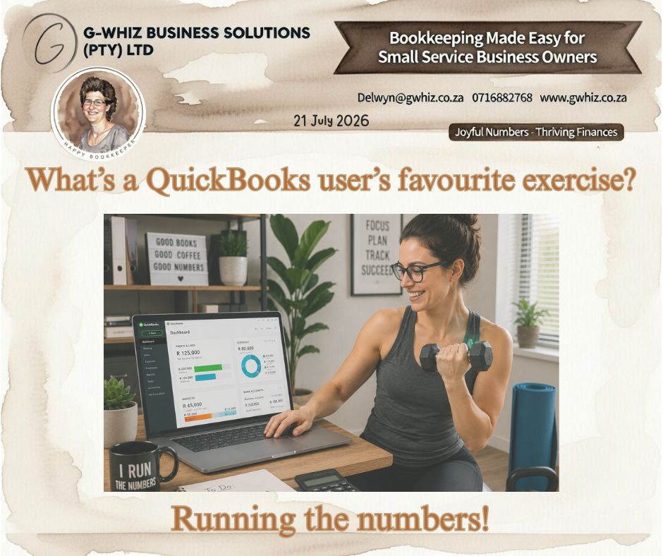 😄What’s a QuickBooks user’s favourite exercise? 🏃Running the numbers!🔢

Every successful business owner knows that staying financially fit takes consistency. Keeping your books accurate and up to date isn't just another task on the to-do list. It's one of the best ways to strengthen your business, improve cash flow, and make confident decisions.

If I could take the hassle out of your everyday bookkeeping and set you up with a simple system that actually works for your business—would you be interested?

Here's how 𝐆-𝐖𝐡𝐢𝐳 𝐁𝐮𝐬𝐢𝐧𝐞𝐬𝐬 𝐒𝐨𝐥𝐮𝐭𝐢𝐨𝐧𝐬 helps keep your business in shape:
1️⃣ Keep your bookkeeping accurate and up to date.
2️⃣ Save valuable time with efficient bookkeeping systems.
3️⃣ Give you clear financial reports so you can make informed business decisions.

💡 Daily Tip: Schedule a monthly review of your Balance Sheet. It provides a snapshot of what your business owns, what it owes, and your equity, helping you identify financial trends before they become problems.

Don't wait until tax season to start running the numbers! 🏃 Let 𝐆-𝐖𝐡𝐢𝐳 𝐁𝐮𝐬𝐢𝐧𝐞𝐬𝐬 𝐒𝐨𝐥𝐮𝐭𝐢𝐨𝐧𝐬 help keep your finances in peak condition so your business is always ready for the next milestone.

For business owners wanting to strengthen their payment processes, my e-book "𝐹𝑟𝑜𝑚 𝑆𝑒𝑛𝑑 𝑡𝑜 𝑆𝑒𝑡𝑡𝑙𝑒𝑑" is available at www.gwhiz.co.za and provides practical guidance to help improve collection success and cash flow management.


Kind regards,
𝒟𝓮𝓁𝓌𝓎𝓃
🎓 QuickBooks Pro Advisor
💼 G-Whiz Business Solutions (Pty) Ltd.
🌐www.gwhiz.co.za
📆https://calendly.com/delwyn-gwhiz
“ᴊᴏyꜰᴜʟ ɴᴜᴍʙᴇʀꜱ – ᴛʜʀɪvɪɴɢ ꜰɪɴᴀɴcᴇꜱ”

#QuickBooks #Bookkeeping #SmallBusinessSA #BusinessGrowth #Accounting #FinancialFitness #CashFlow #Entrepreneur #BusinessTips #GWhizBusinessSolutions