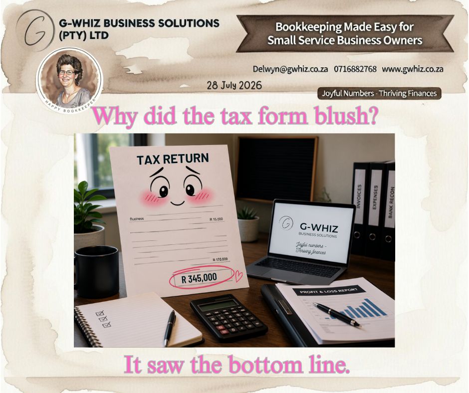 📄𝑾𝒉𝒚 𝒅𝒊𝒅 𝒕𝒉𝒆 𝒕𝒂𝒙 𝒇𝒐𝒓𝒎 𝒃𝒍𝒖𝒔𝒉? 😊𝑰𝒕 𝒔𝒂𝒘 𝒕𝒉𝒆 𝒃𝒐𝒕𝒕𝒐𝒎 𝒍𝒊𝒏𝒆. 😂

Every South African small business owner knows there's one line that matters more than almost any other... the bottom line. It's more than just a number on a report. It tells the story of your hard work, your profitability, and the financial health of your business. When your bookkeeping is accurate and up to date, you can confidently focus on improving that bottom line instead of wondering whether your numbers are correct.

If I could take the hassle out of your everyday bookkeeping and set you up with a simple system that actually works for your business—would you be interested?

At 𝐆-𝐖𝐡𝐢𝐳 𝐁𝐮𝐬𝐢𝐧𝐞𝐬𝐬 𝐒𝐨𝐥𝐮𝐭𝐢𝐨𝐧𝐬, I help small service businesses turn their numbers into confidence:

✅ Accurate Bookkeeping
Keep your financial records organised, compliant, and ready whenever you need them.

✅ Time-Saving Systems
Spend less time buried in paperwork and more time serving your clients and growing your business.

✅ Clear Financial Insights
Receive easy-to-understand reports that help you improve cash flow, increase profitability, and make smarter business decisions.

💡 𝐃𝐚𝐢𝐥𝐲 𝐓𝐢𝐩: Review your business expenses every quarter and look for subscriptions or services you no longer use. Eliminating unnecessary costs is one of the quickest ways to improve your bottom line without increasing sales.

Your tax form might blush when it sees the bottom line, but you should be smiling! 😄 Let 𝗚-𝗪𝗵𝗶𝘇 𝗕𝘂𝘀𝗶𝗻𝗲𝘀𝘀 𝗦𝗼𝗹𝘂𝘁𝗶𝗼𝗻𝘀 help you build a healthier bottom line with bookkeeping that's accurate, stress-free, and designed to help your business thrive.

Kind regards,
𝒟𝓮𝓁𝓌𝓎𝓃
🎓 QuickBooks Pro Advisor
💼 G-Whiz Business Solutions (Pty) Ltd.
🌐www.gwhiz.co.za
📆https://calendly.com/delwyn-gwhiz
“ᴊᴏyꜰᴜʟ ɴᴜᴍʙᴇʀꜱ – ᴛʜʀɪvɪɴɢ ꜰɪɴᴀɴcᴇꜱ”

#QuickBooks #Bookkeeping #SmallBusinessSA #Accounting #BusinessGrowth #FinancialManagement #BottomLine #CashFlow #Entrepreneur #GWhizBusinessSolutions