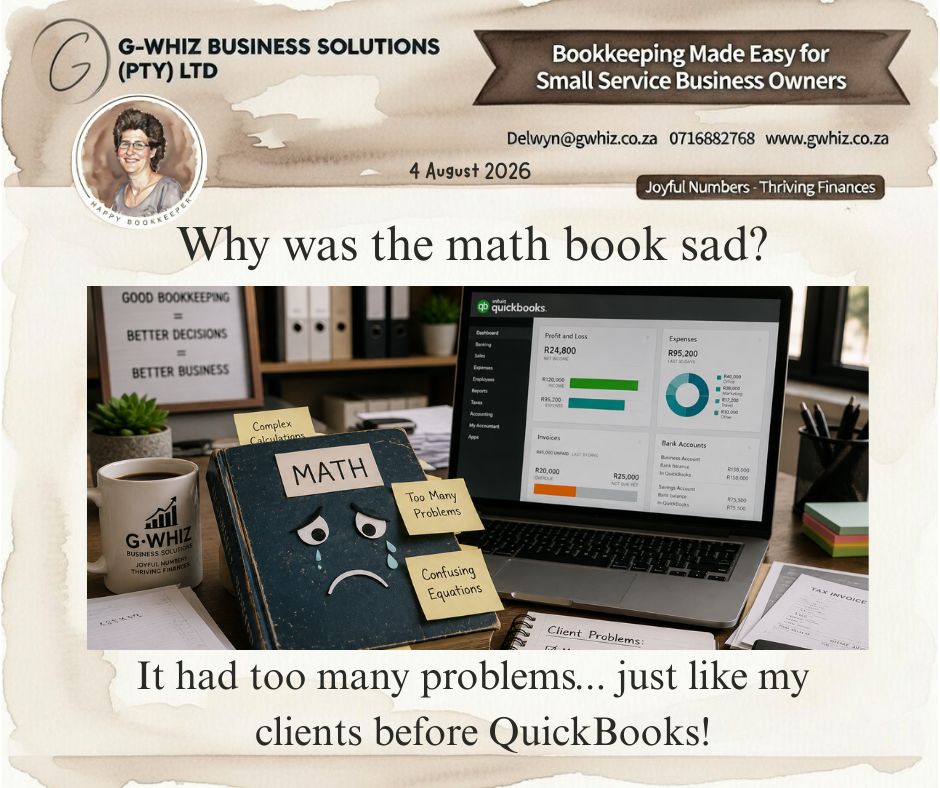📚𝑾𝒉𝒚 𝒘𝒂𝒔 𝒕𝒉𝒆 𝒎𝒂𝒕𝒉 𝒃𝒐𝒐𝒌 𝒔𝒂𝒅? 𝑰𝒕 𝒉𝒂𝒅 𝒕𝒐𝒐 𝒎𝒂𝒏𝒚 𝒑𝒓𝒐𝒃𝒍𝒆𝒎𝒔... 𝒋𝒖𝒔𝒕 𝒍𝒊𝒌𝒆 𝒎𝒚 𝒄𝒍𝒊𝒆𝒏𝒕𝒔 𝒃𝒆𝒇𝒐𝒓𝒆 𝑸𝒖𝒊𝒄𝒌𝑩𝒐𝒐𝒌𝒔! 😂

Running a small business comes with enough challenges already. Your bookkeeping shouldn't be one of them. Many South African small service business owners spend hours trying to untangle invoices, track expenses, and understand where their money is going. With the right bookkeeping system, those daily headaches become manageable and your business becomes easier to run.

If I could take the hassle out of your everyday bookkeeping and set you up with a simple system that actually works for your business, would you be interested?

Here's how 𝐆-𝐖𝐡𝐢𝐳 𝐁𝐮𝐬𝐢𝐧𝐞𝐬𝐬 𝐒𝐨𝐥𝐮𝐭𝐢𝐨𝐧𝐬 can make life easier:
✅ Improved cash flow awareness so you always know where your money is going.
✅ Easier bank reconciliation and transaction matching to reduce errors and save valuable time.
✅ Increased confidence in your financial reporting with accurate records you can rely on.

📚 Want to get even more from QuickBooks? Visit www.gwhiz.co.za to explore practical bookkeeping and financial e-books. "𝐻𝑜𝑤 𝑡𝑜 𝑀𝑎𝑘𝑒 𝑡ℎ𝑒 𝑀𝑜𝑠𝑡 𝑜𝑓 𝑄𝑢𝑖𝑐𝑘𝐵𝑜𝑜𝑘𝑠 𝑂𝑛𝑙𝑖𝑛𝑒" is packed with simple tips to help you work smarter and get more value from your bookkeeping.

💡 𝐐𝐮𝐢𝐜𝐤𝐁𝐨𝐨𝐤𝐬 𝐒𝐡𝐨𝐫𝐭𝐜𝐮𝐭: Did you know you can attach receipts directly to transactions in QuickBooks? Keeping everything linked digitally makes it much easier to find supporting documents later and keeps your records organised all year round.

Don't let your bookkeeping become another math book full of problems! 📚 Reach out and let 𝐆-𝐖𝐡𝐢𝐳 𝐁𝐮𝐬𝐢𝐧𝐞𝐬𝐬 𝐒𝐨𝐥𝐮𝐭𝐢𝐨𝐧𝐬 help turn those problems into progress.

Kind regards,
𝒟𝓮𝓁𝓌𝓎𝓃
🎓 QuickBooks Pro Advisor
💼 G-Whiz Business Solutions (Pty) Ltd.
🌐www.gwhiz.co.za
📆https://calendly.com/delwyn-gwhiz
“ᴊᴏyꜰᴜʟ ɴᴜᴍʙᴇʀꜱ – ᴛʜʀɪᴠɪɴɢ ꜰɪɴᴀɴᴄᴇꜱ”

#QuickBooks #Bookkeeping #SmallBusinessSA #BusinessGrowth #Accounting #CashFlow #FinancialConfidence #QuickBooksTips #Entrepreneur #GWhizBusinessSolutions