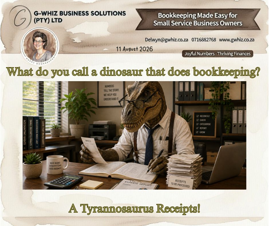 🦖𝑾𝒉𝒂𝒕 𝒅𝒐 𝒚𝒐𝒖 𝒄𝒂𝒍𝒍 𝒂 𝒅𝒊𝒏𝒐𝒔𝒂𝒖𝒓 𝒕𝒉𝒂𝒕 𝒅𝒐𝒆𝒔 𝒃𝒐𝒐𝒌𝒌𝒆𝒆𝒑𝒊𝒏𝒈? 𝑨 𝑻𝒚𝒓𝒂𝒏𝒏𝒐𝒔𝒂𝒖𝒓𝒖𝒔 𝑹𝒆𝒄𝒆𝒊𝒑𝒕𝒔! 🧾

Managing receipts might not involve dinosaurs, but keeping track of them can still feel prehistoric when everything is sitting in folders, drawers, or scattered across your inbox. A simple bookkeeping system can turn that chaos into clear, useful financial information.

If I could take the hassle out of your everyday bookkeeping and set you up with a simple system that actually works for your business, would you be interested?

𝐆-𝐖𝐡𝐢𝐳 𝐁𝐮𝐬𝐢𝐧𝐞𝐬𝐬 𝐒𝐨𝐥𝐮𝐭𝐢𝐨𝐧𝐬 can help with:
🦖 Simplified bookkeeping systems that make your records easier to manage.
🦖 Clearer understanding of profit vs. turnover so you know what your business is really earning.
🦖 More time saved through reduced manual admin, giving you more time to focus on customers.

📚 Visit www.gwhiz.co.za for practical bookkeeping and financial e-books. “How to make the most of QuickBooks Online” can help you get more value from your bookkeeping system.

💡 Bookkeeping Myth: More sales don't always mean more profit. Turnover shows what you've sold, while profit shows what remains after expenses. Knowing the difference is essential for making smart business decisions.

Don't let your bookkeeping become extinct! 🦖 Visit www.gwhiz.co.za, explore the e-books, and let 𝐆-𝐖𝐡𝐢𝐳 𝐁𝐮𝐬𝐢𝐧𝐞𝐬𝐬 𝐒𝐨𝐥𝐮𝐭𝐢𝐨𝐧𝐬 help you keep your receipts, records, and finances firmly under control.

Kind regards,
𝒟𝓮𝓁𝓌𝓎𝓃
🎓 QuickBooks Pro Advisor
💼 G-Whiz Business Solutions (Pty) Ltd.
🌐www.gwhiz.co.za
📆https://calendly.com/delwyn-gwhiz
“ᴊᴏyꜰᴜʟ ɴᴜᴍʙᴇʀꜱ – ᴛʜʀɪvɪɴɢ ꜰɪɴᴀɴcᴇꜱ”

#Bookkeeping #QuickBooks #SmallBusinessSA #Accounting #BusinessGrowth #FinancialTips #EntrepreneurSA #Profit #BusinessSystems #GWhizBusinessSolutions