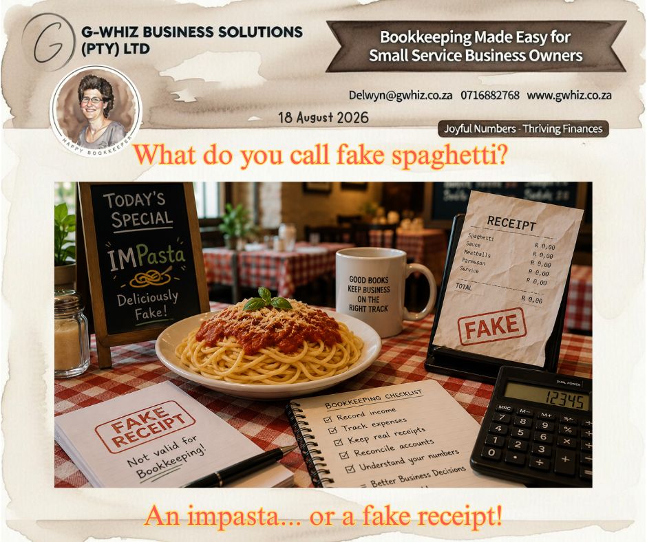 🍝𝑾𝒉𝒂𝒕 𝒅𝒐 𝒚𝒐𝒖 𝒄𝒂𝒍𝒍 𝒇𝒂𝒌𝒆 𝒔𝒑𝒂𝒈𝒉𝒆𝒕𝒕𝒊? 𝑨𝒏 𝒊𝒎𝒑𝒂𝒔𝒕𝒂... 𝒐𝒓 𝒂 𝒇𝒂𝒌𝒆 𝒓𝒆𝒄𝒆𝒊𝒑𝒕! 🧾😂

Fake spaghetti can make you laugh, but fake or inaccurate business records can create serious problems. For South African small business owners, keeping genuine receipts and accurate records gives you a clearer picture of your finances and helps you make better decisions.

If I could take the hassle out of your everyday bookkeeping and set you up with a simple system that actually works for your business, would you be interested?

𝐆-𝐖𝐡𝐢𝐳 𝐁𝐮𝐬𝐢𝐧𝐞𝐬𝐬 𝐒𝐨𝐥𝐮𝐭𝐢𝐨𝐧𝐬 can help with:
🍝 Faster, more accurate invoicing so payments keep moving.
🍝 Easier bank reconciliation to match transactions and catch errors.
🍝 Reduced stress around compliance and paperwork with organised records.

📚 Visit www.gwhiz.co.za for practical bookkeeping and financial e-books, including “𝑆𝑡𝑎𝑟𝑡 𝐼𝑛𝑣𝑜𝑖𝑐𝑖𝑛𝑔 𝑤𝑖𝑡ℎ 𝑄𝑢𝑖𝑐𝑘𝐵𝑜𝑜𝑘𝑠 𝑂𝑛𝑙𝑖𝑛𝑒” to help you build a smoother invoicing process.

💡 𝐂𝐨𝐦𝐦𝐨𝐧 𝐁𝐨𝐨𝐤𝐤𝐞𝐞𝐩𝐢𝐧𝐠 𝐌𝐢𝐬𝐭𝐚𝐤𝐞: Mixing personal and business spending in the same account can make your records harder to understand. Keeping business transactions separate makes your bookkeeping cleaner and your financial picture clearer. AND keeps SARS happy!

Don't let an impasta fool your books! 🍝 Visit www.gwhiz.co.za, explore our e-books, and let 𝐆-𝐖𝐡𝐢𝐳 𝐁𝐮𝐬𝐢𝐧𝐞𝐬𝐬 𝐒𝐨𝐥𝐮𝐭𝐢𝐨𝐧𝐬 help keep your financial records real, reliable, and ready for growth.

Kind regards,
𝒟𝓮𝓁𝓌𝓎𝓃
🎓 QuickBooks Pro Advisor
💼 G-Whiz Business Solutions (Pty) Ltd.
🌐www.gwhiz.co.za
📆https://calendly.com/delwyn-gwhiz
“ᴊᴏyꜰᴜʟ ɴᴜᴍʙᴇʀꜱ – ᴛʀʜɪvɪɴɢ ꜰɪɴᴀɴcᴇꜱ”

#Bookkeeping #QuickBooksOnline #SmallBusinessSA #EntrepreneurSA #AccountingSystems #CashFlowManagement #FinancialOrganisation #BusinessGrowth #Invoicing #SmallBusinessEducation