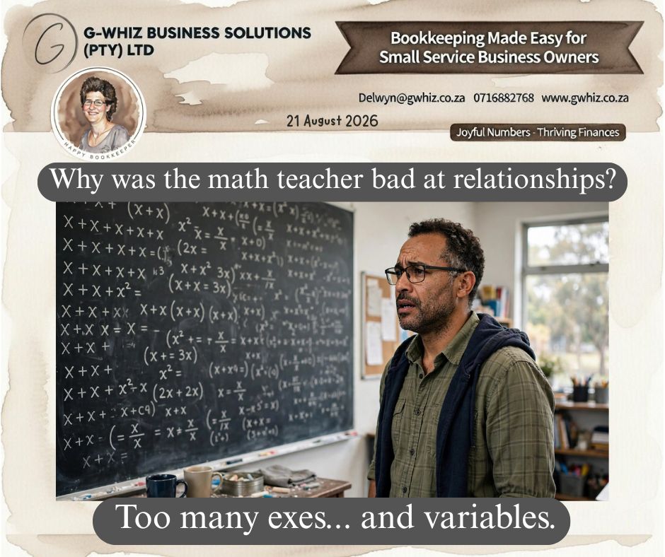 👩🏼‍🏫𝑾𝒉𝒚 𝒘𝒂𝒔 𝒕𝒉𝒆 𝒎𝒂𝒕𝒉𝒔 𝒕𝒆𝒂𝒄𝒉𝒆𝒓 𝒃𝒂𝒅 𝒂𝒕 𝒓𝒆𝒍𝒂𝒕𝒊𝒐𝒏𝒔𝒉𝒊𝒑𝒔? 𝑻𝒐𝒐 𝒎𝒂𝒏𝒚 𝒆𝒙𝒆𝒔... 𝒂𝒏𝒅 𝒗𝒂𝒓𝒊𝒂𝒃𝒍𝒆𝒔. ✖️✖️✖️😂 Running a small service business in South Africa can feel exactly like that chalkboard — too many ✖️'s floating around. Unknown expenses, untracked invoices, and variables that change your profit every month. You didn't start your business to become a full-time bookkeeper. If I could take the hassle out of your everyday bookkeeping and set you up with a simple system that actually works for your business—would you be interested? When you partner with 𝐆-𝐖𝐡𝐢𝐳 Business Solutions, you get: 📐 𝐂𝐥𝐚𝐫𝐢𝐭𝐲, 𝐍𝐨𝐭 𝐂𝐡𝐚𝐨𝐬: A clean QuickBooks setup tailored to YOUR service business, so you always know what's coming in and what's going out. 📐 𝐓𝐢𝐦𝐞 𝐁𝐚𝐜𝐤 𝐢𝐧 𝐘𝐨𝐮𝐫 𝐃𝐚𝐲: We automate the boring stuff — bank feeds, invoicing, VAT — so you can focus on clients, not admin. 📐 𝐏𝐫𝐨 𝐀𝐝𝐯𝐢𝐬𝐨𝐫 𝐒𝐮𝐩𝐩𝐨𝐫𝐭: Local, friendly, certified QuickBooks help when you need it — no call centres, no guesswork. 💡 𝐃𝐢𝐝 𝐲𝐨𝐮 𝐤𝐧𝐨𝐰? In QuickBooks Online you can create Bank Rules to auto-categorise recurring transactions. Set it once for Telkom, fuel, or your monthly software subs, and QuickBooks will learn it forever. That's one less variable to worry about! Ready to solve for ✖️ in your business finances and stop letting your ex-expenses haunt you? Let's make your numbers add up to a happy relationship with your profits. Drop an "✖️" in the comments if you want me to check your books, and I'll reach out! Kind regards, 𝒟𝓮𝓁𝓌𝓎𝓃 QuickBooks Pro Advisor G-Whiz Business Solutions (Pty) Ltd. 🌐www.gwhiz.co.za 📆 https://calendly.com/delwyn-gwhiz ᴊᴏyꜰᴜʟ ɴᴜᴍʙᴇʀꜱ – ᴛʜʀɪvɪɴɢ ꜰɪɴᴀɴcᴇꜱ #SmallBusinessSA #ServiceBusiness #Bookkeeping #QuickBooks #QuickBooksProAdvisor #SmallBusinessTips #SAsmallbusiness #BusinessFinances #GWhizBusinessSolutions #EntrepreneurSA
